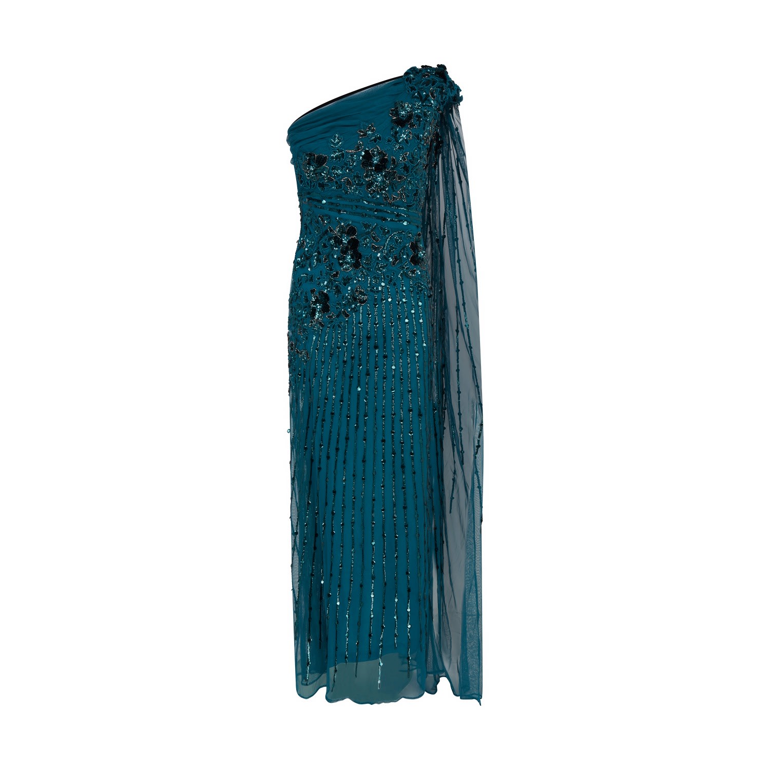 Women’s Blue Teal Sorrel A Flattering Ruched One Shoulder Neckline And A Floor Length Stole On One Side Gown Extra Small Raishma