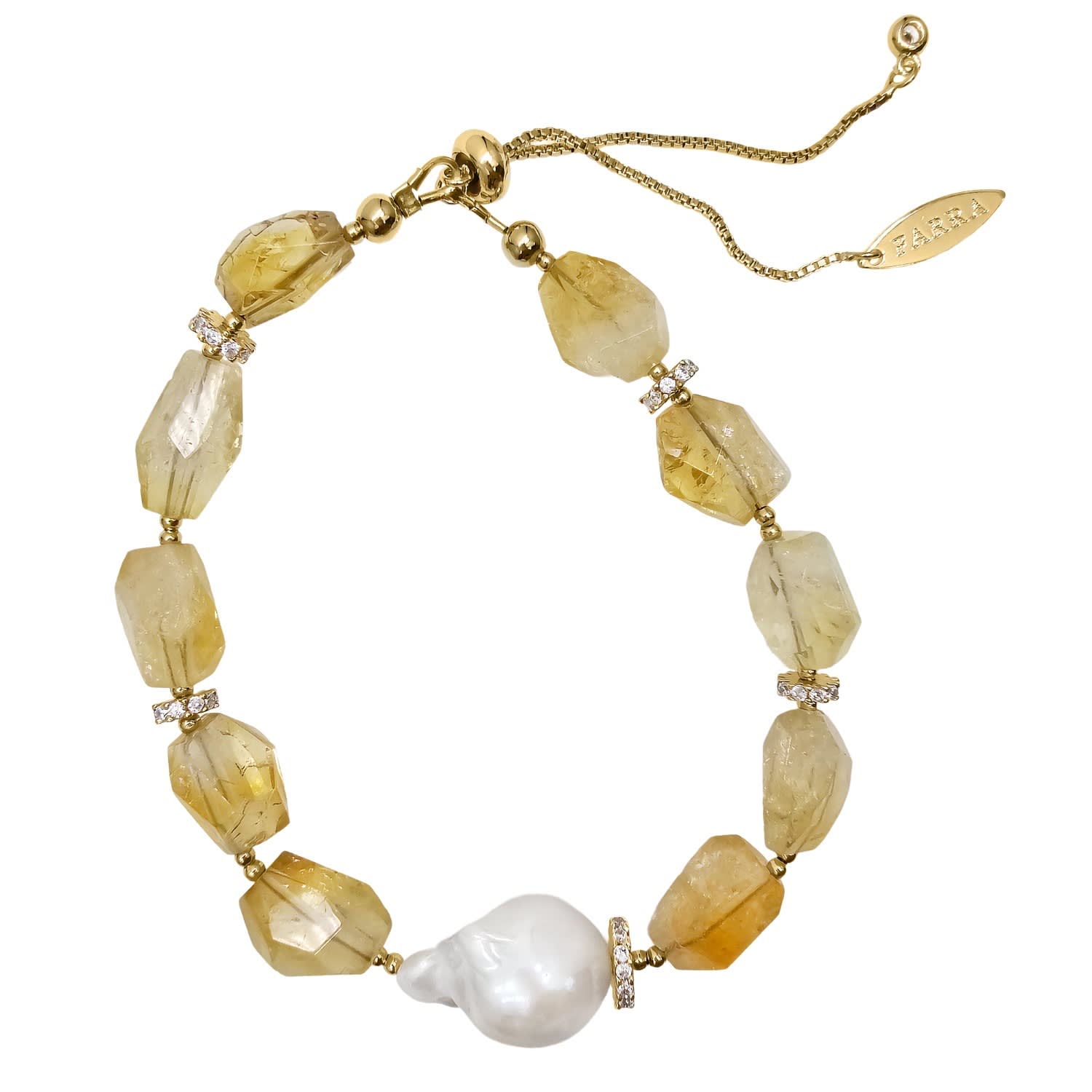 Farra Women's Yellow / Orange Faceted Citrine With Baroque Pearl Adjustable Bracelet