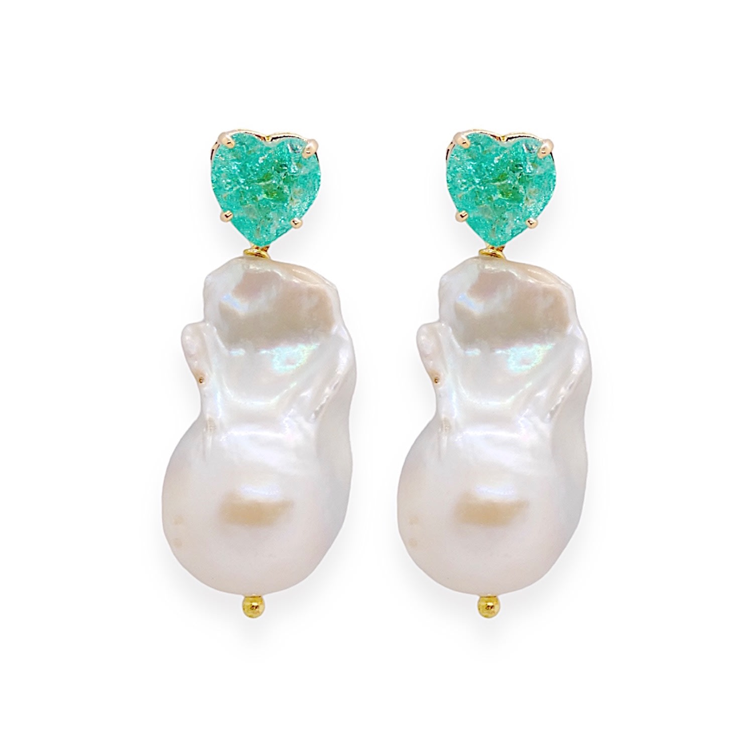 Women’s Gold / Green / White Emerald Heart Fireball Baroque Pearl Earrings Valerie Chic