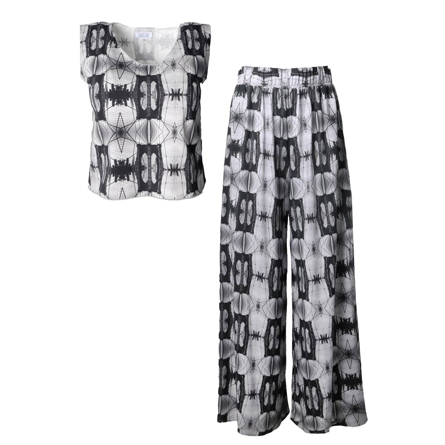Babs Boutique Nyc Black / Grey / White Brooklyn Bridge Print Crop-top & Wide-leg Pant Set In Black/grey/white
