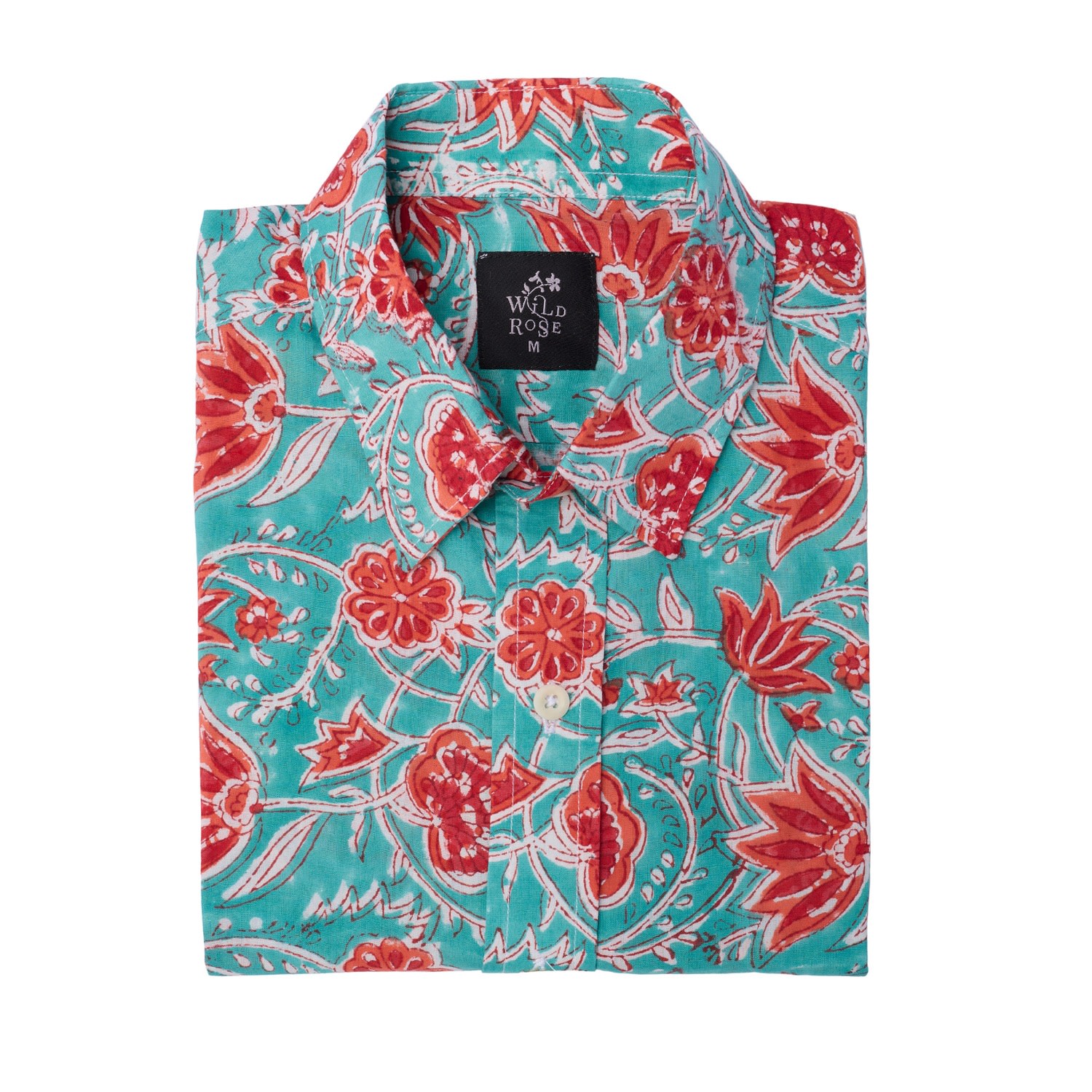 Wild Rose Men's Blue / Red Osila Hand Block Print Cotton Long Sleeved Floral Shirt In Blue/red