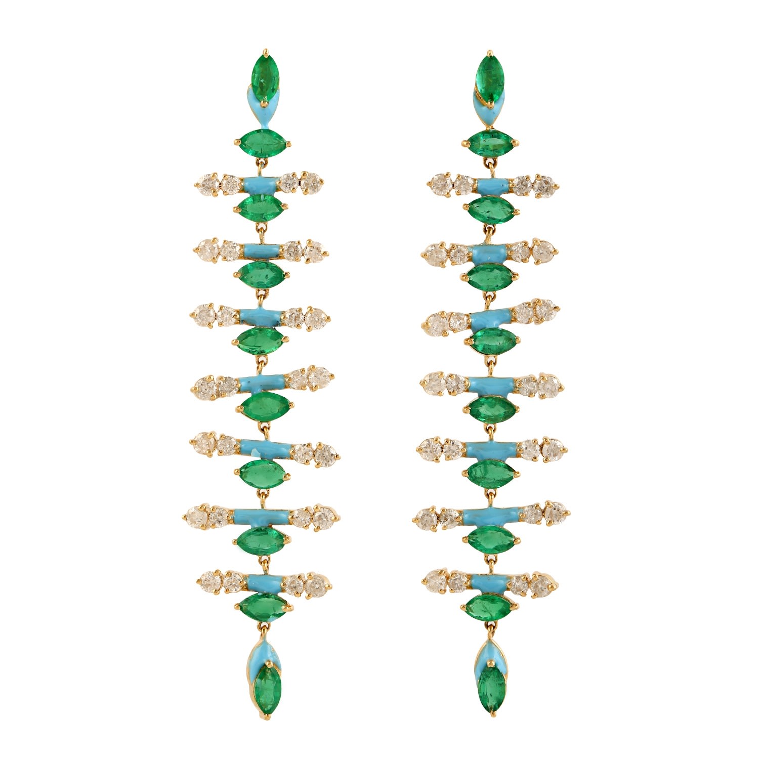 Women’s Yellow / Orange / White 18K Yellow Gold Natural Diamond & Emerald Gemstone Long Drop Dangle Earrings Enamel Jewelry Artisan