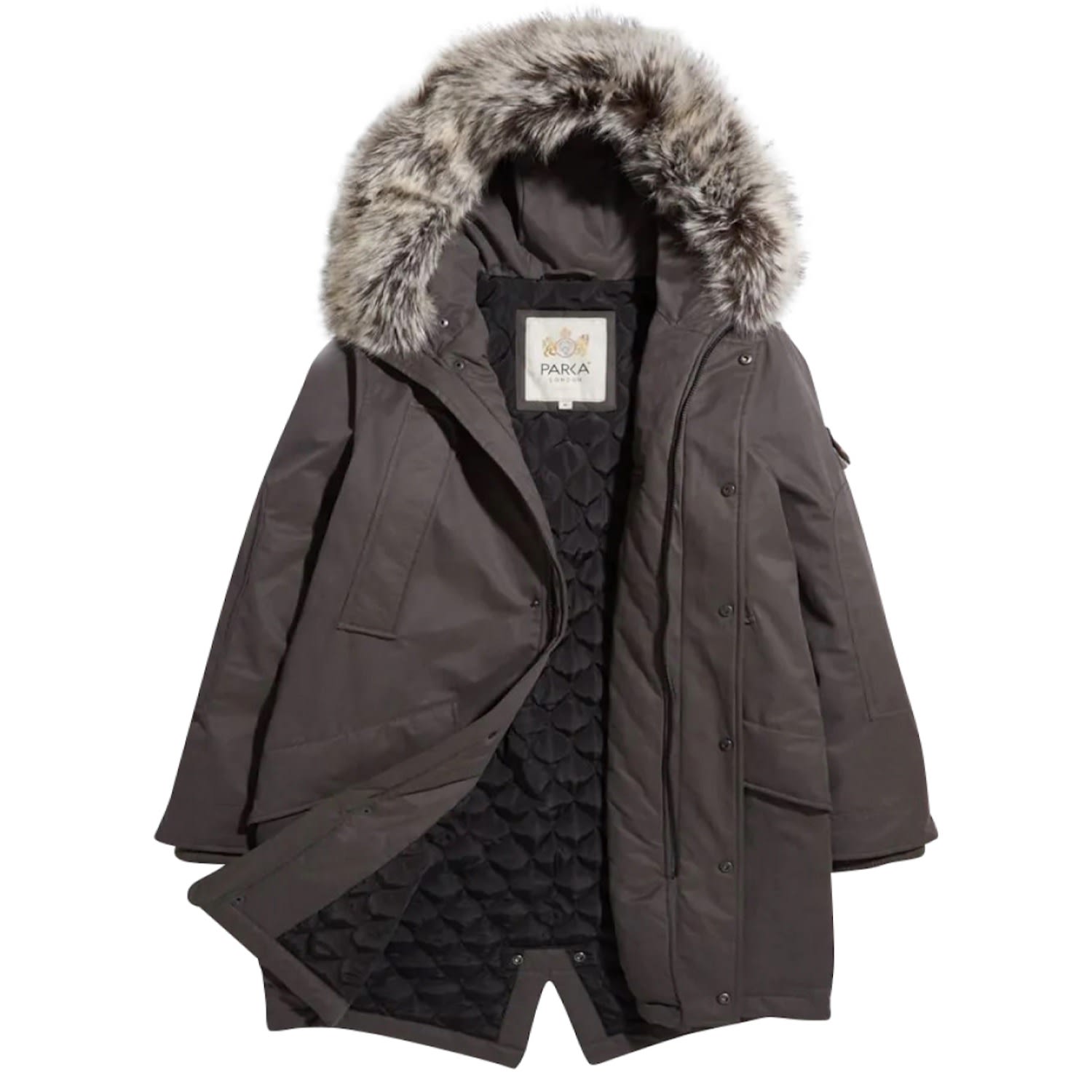 Parka London Men's Carnaby Faux Fur Parka - Charcoal Grey In Brown