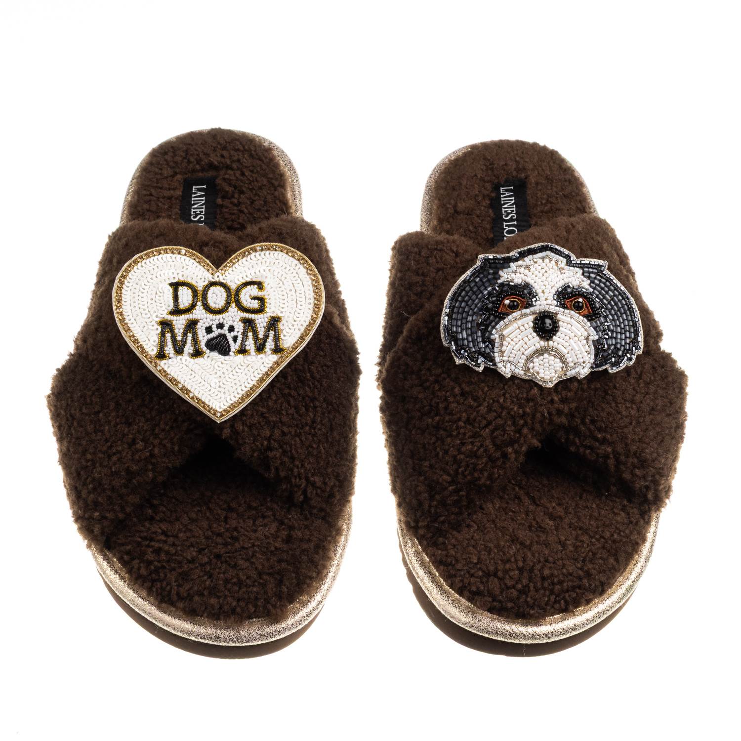 Laines London Women's Brown / Neutrals Boucle Slippers With Dog Mum/mom & Black & White Shih Tzu Brooches - Chocol In Brown
