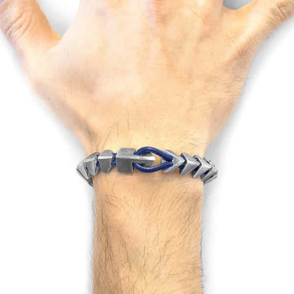 Anchor & Crew Azure Blue Brixham Maxi Silver & Round Leather Bracelet In Leather