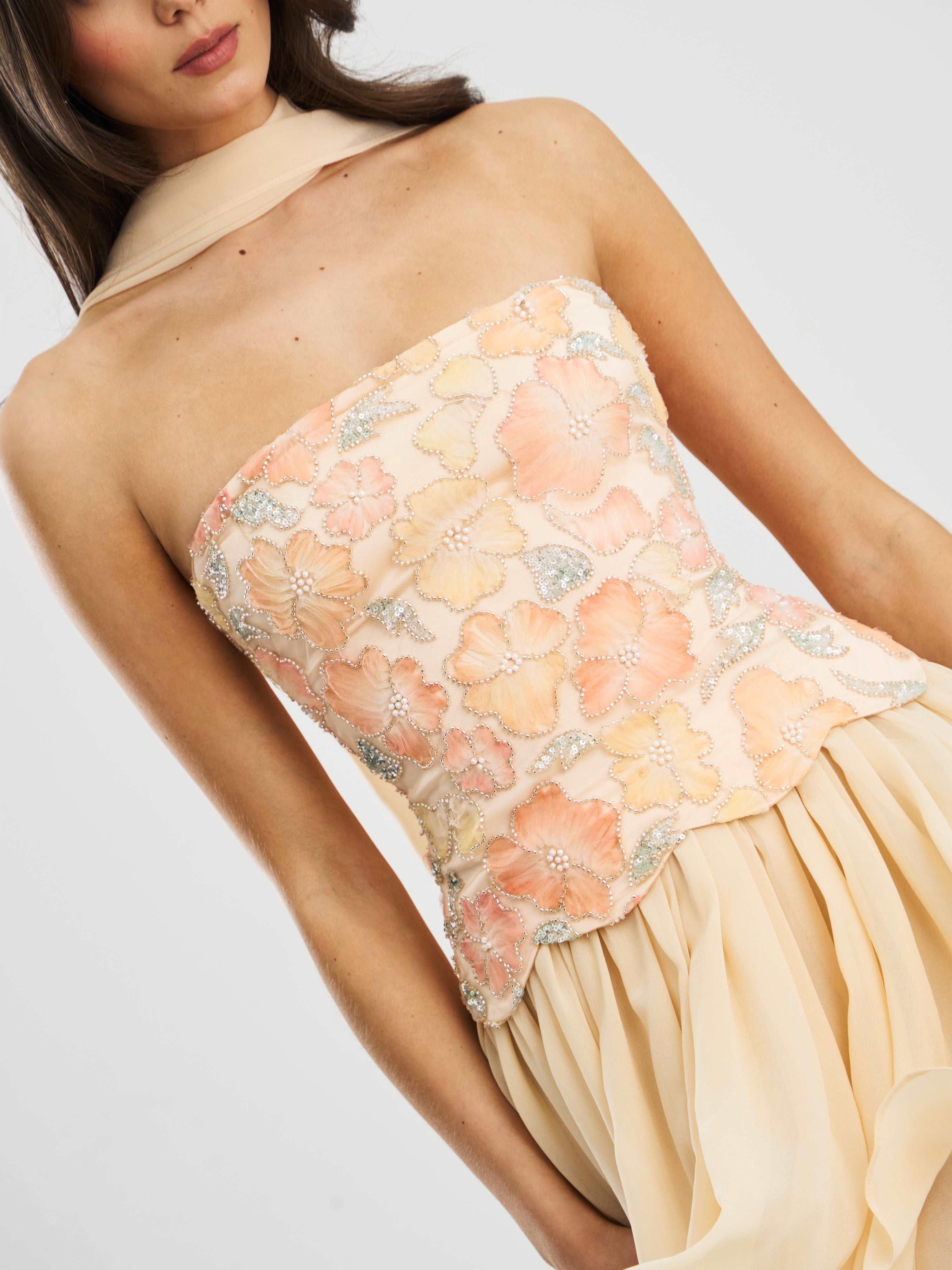 Quanisha Yellow Beaded Floral Mini Chiffon Dress With Scarf | Miss Circle  New York | Wolf & Badger
