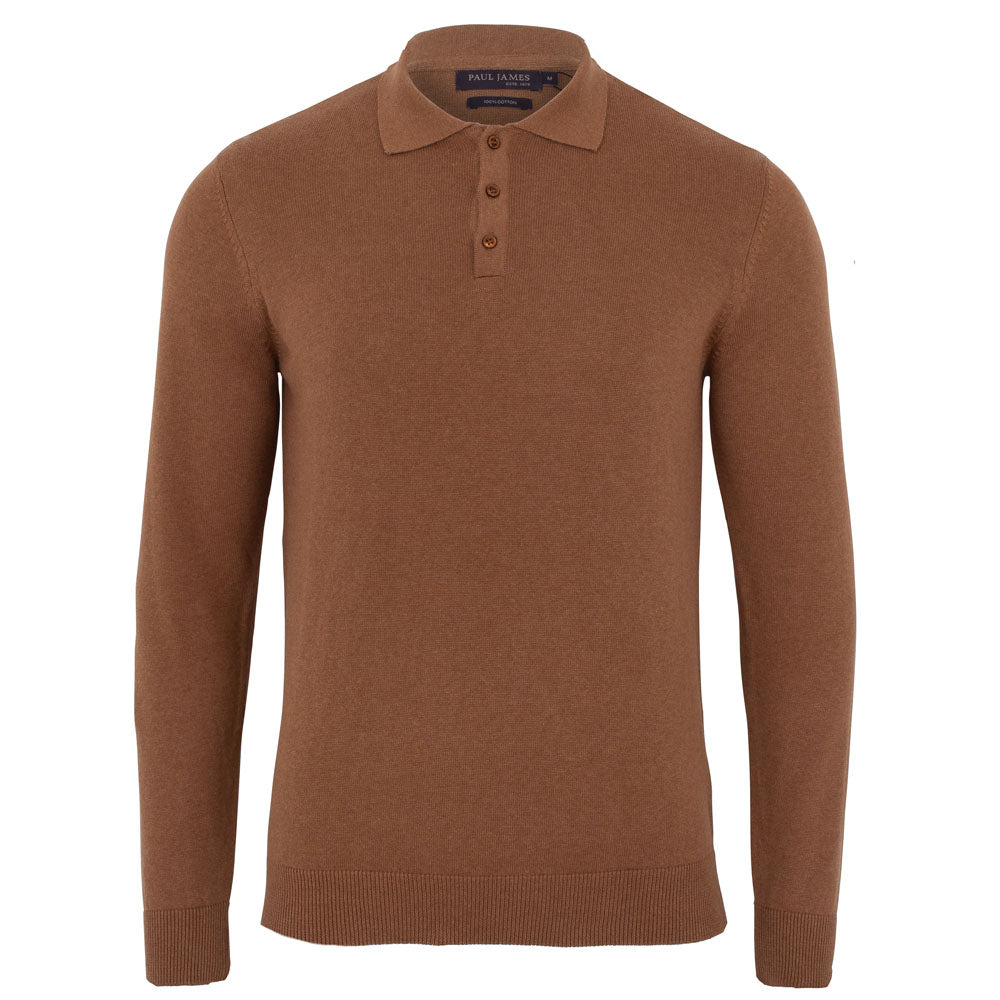 Brown Mens Cotton Hall Long Sleeve Knitted Polo Shirt - Camel Small Paul James Knitwear