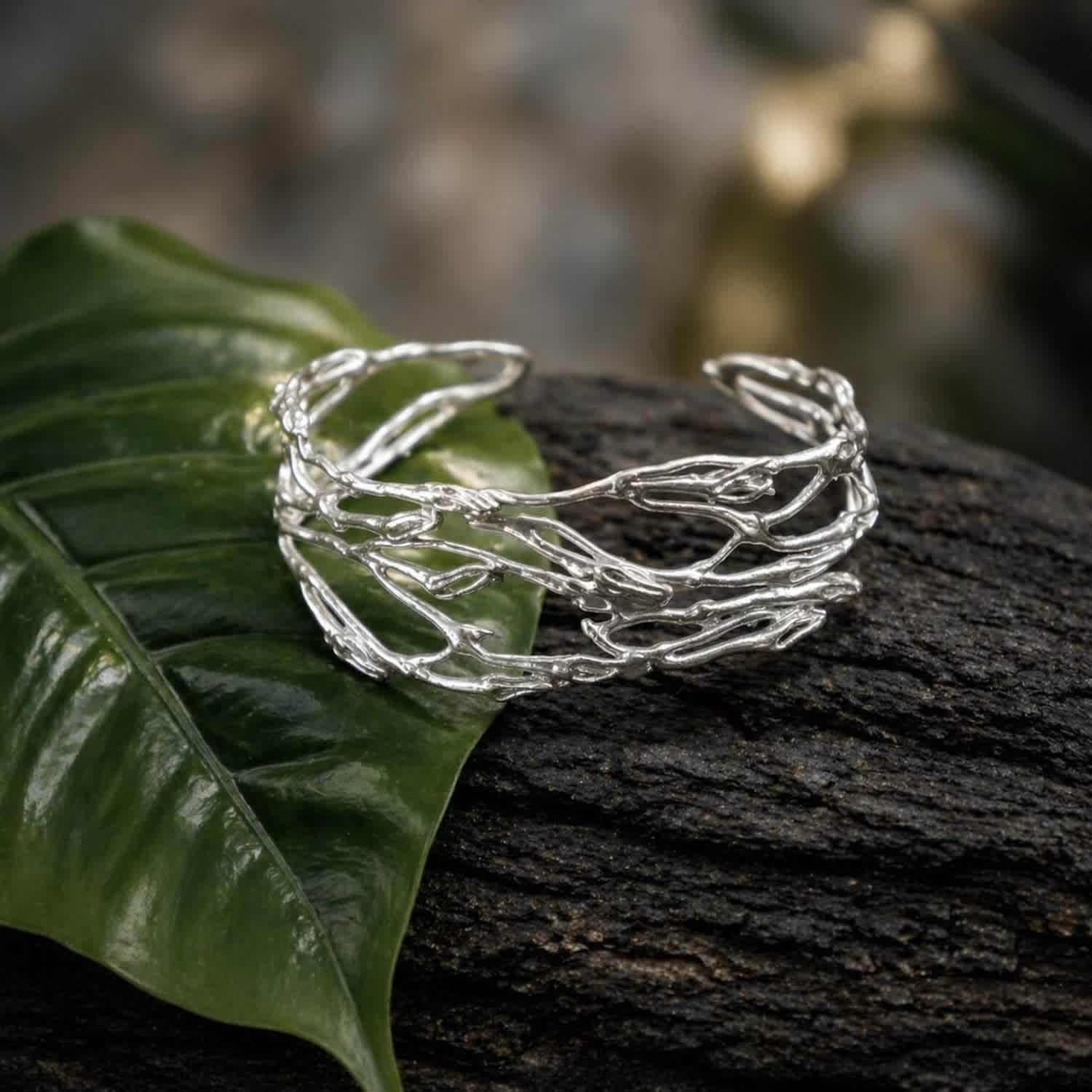 SILVER925 BRANCH BRACELET/シルバー/ブレスレット Silver Jasmine Branch Bracelet, Handmade Statement Cuff - Nature