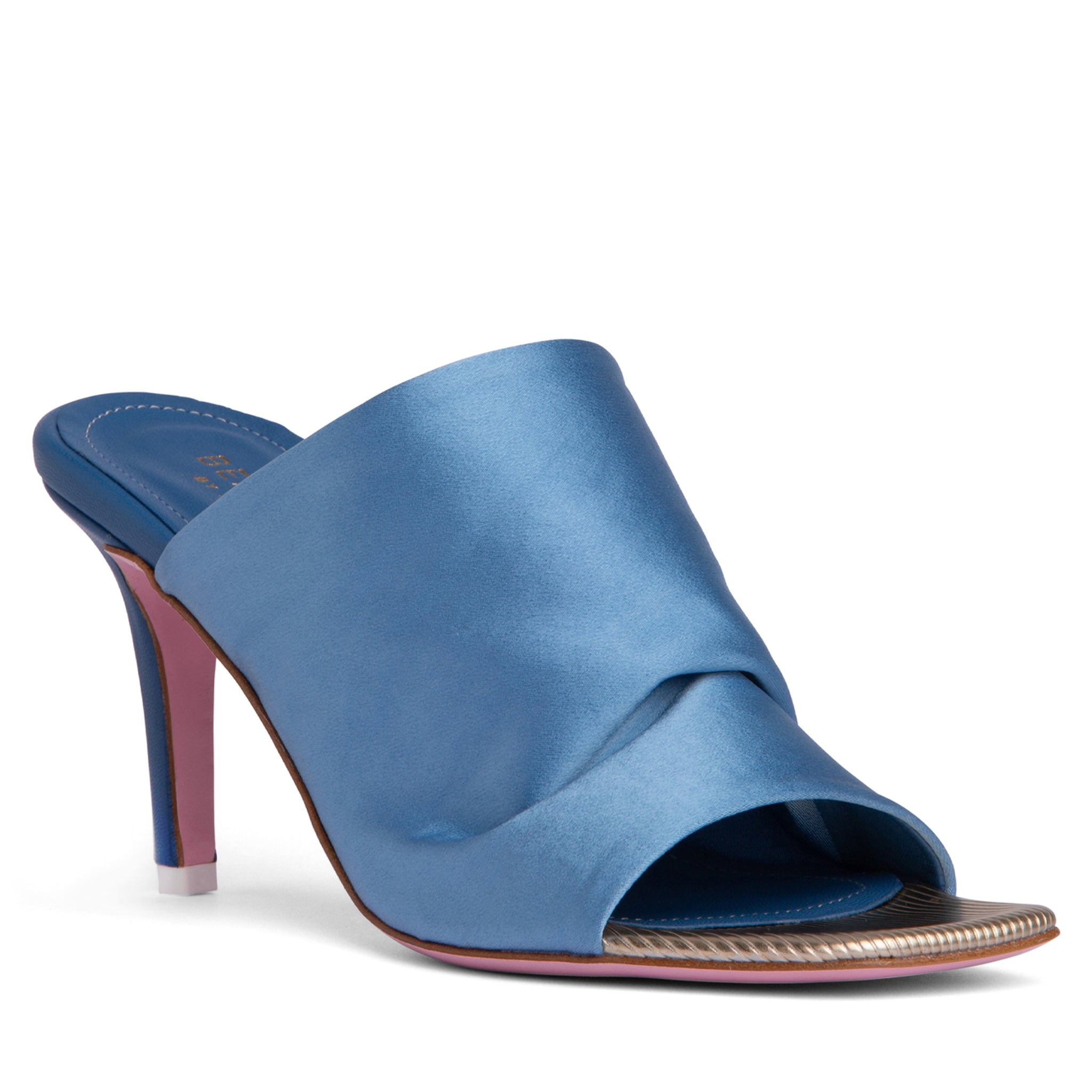 Beautiisoles By Robyn Shreiber Made In Italy Lana Blue Mule For Women Comfortable Stretch Satin Fabric For Dressy Work & Sexy Evening In Blue