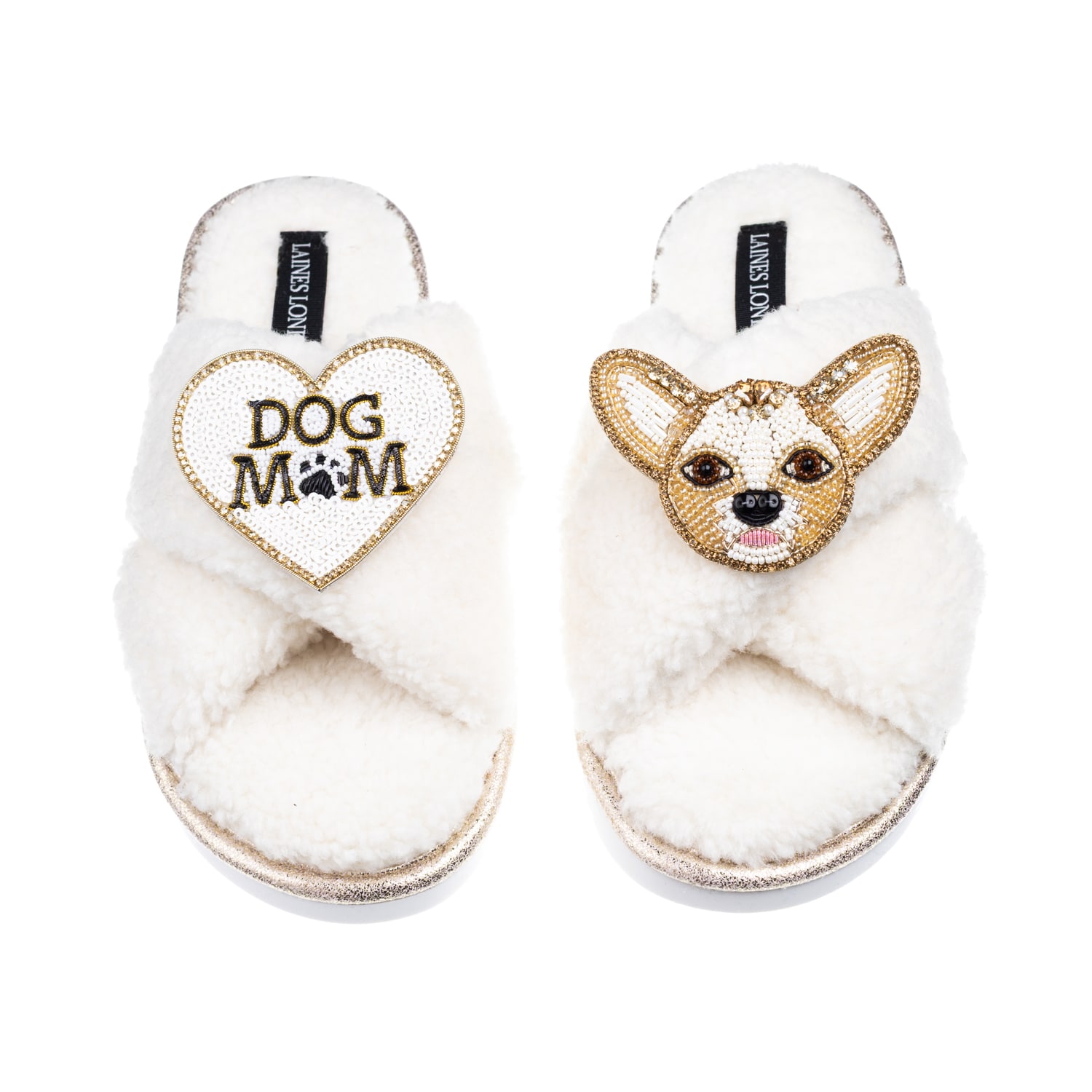 Laines London Women's Neutrals / White Laines Neutral Boucle Slippers With Princess Chihuahua & Dog Mum / Mom Broo