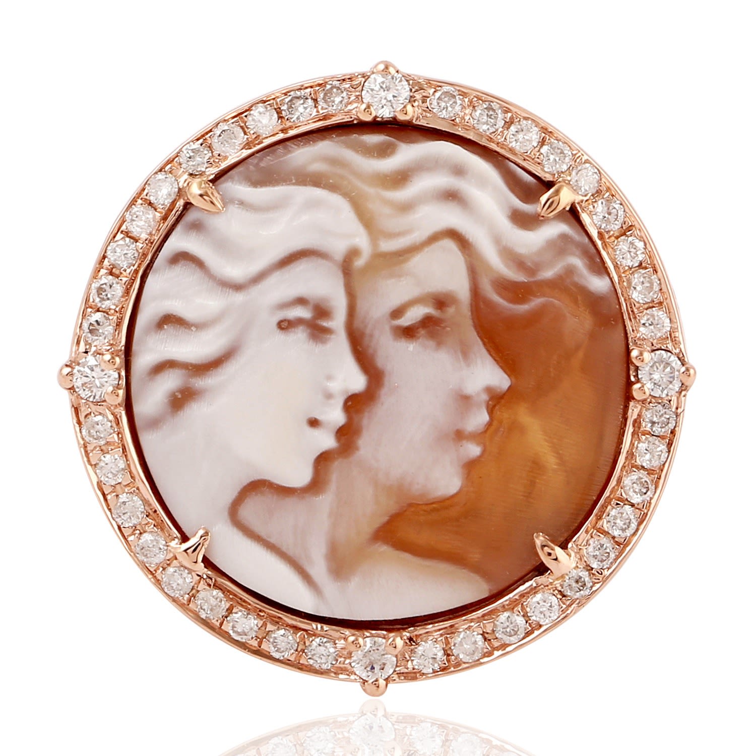 Rose Gold / White 18K Rose Gold With Carved Shell Cameo & Pave Diamond Women Face Cocktail Ring Artisan