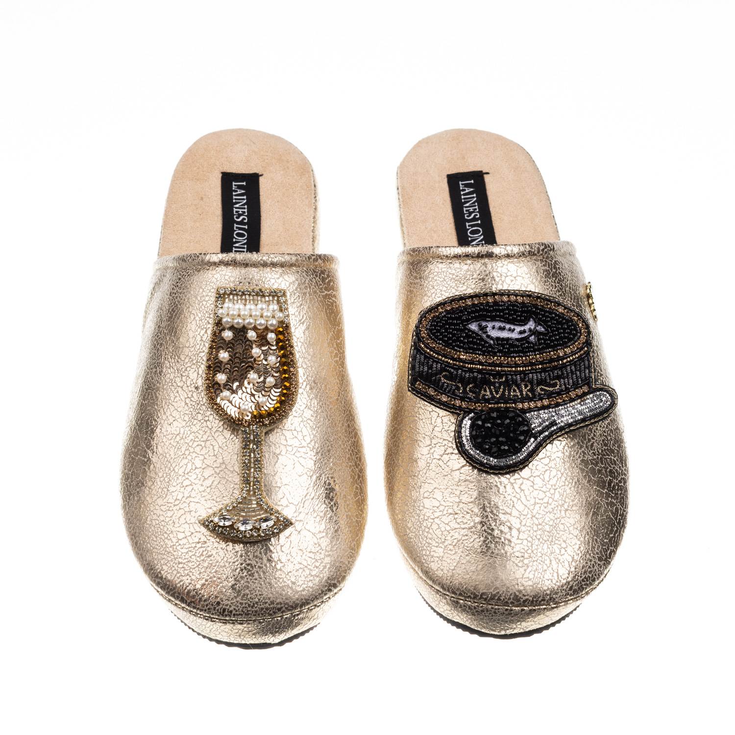 Laines London Women's  Gold Softie Slippers With Glass Of Champagne & Caviar Brooches In Gold