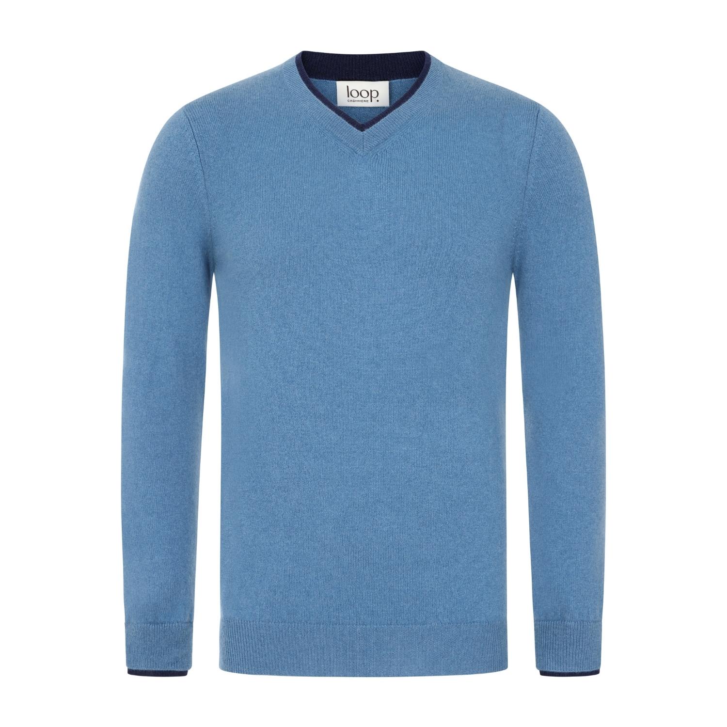 Mens Cashmere V Neck Sweater In Marina Blue Small Loop Cashmere