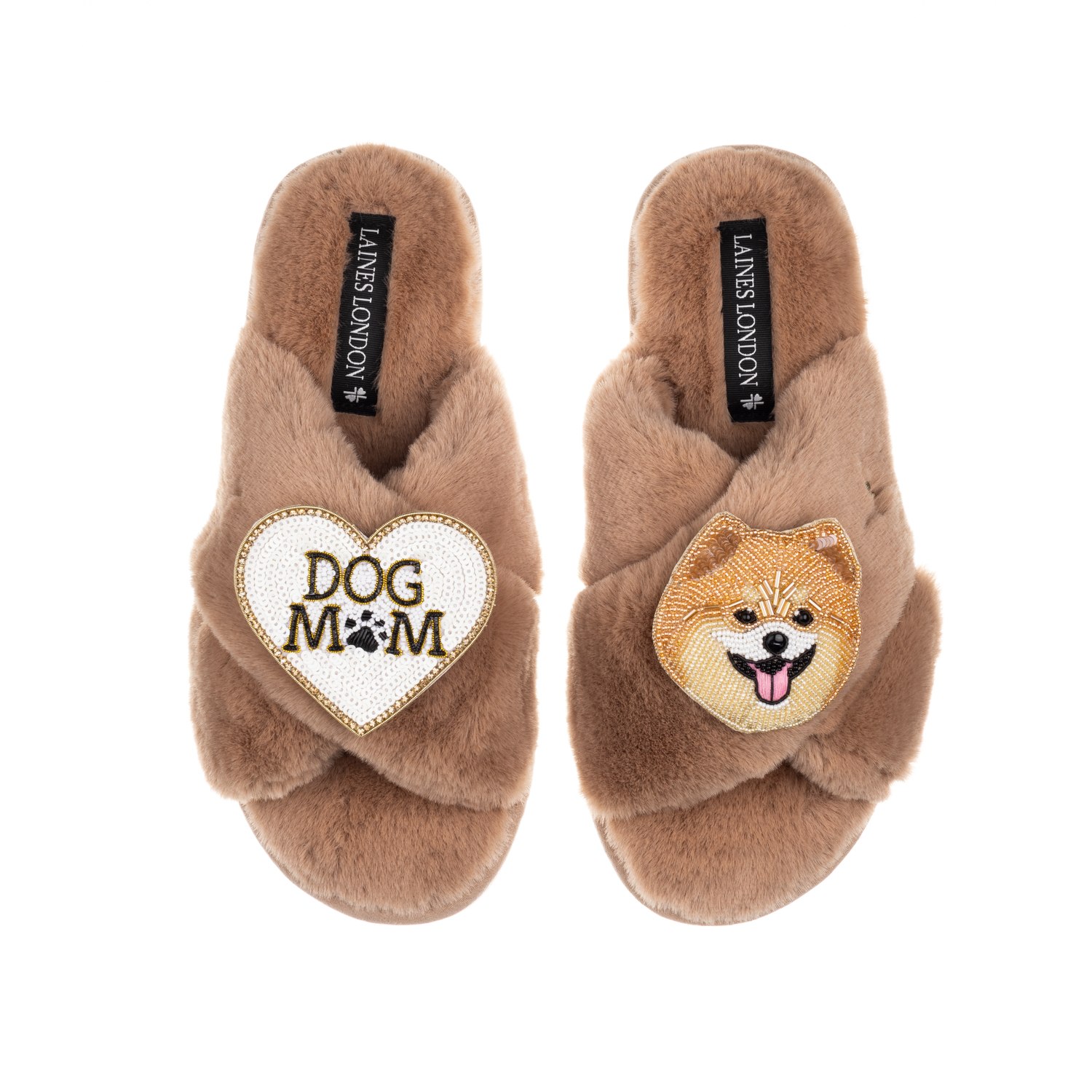 Laines London Women's Brown / Neutrals Classic Laines Slippers With Teddy The Pomeranian & Dog Mum / Mom Brooches In Brown