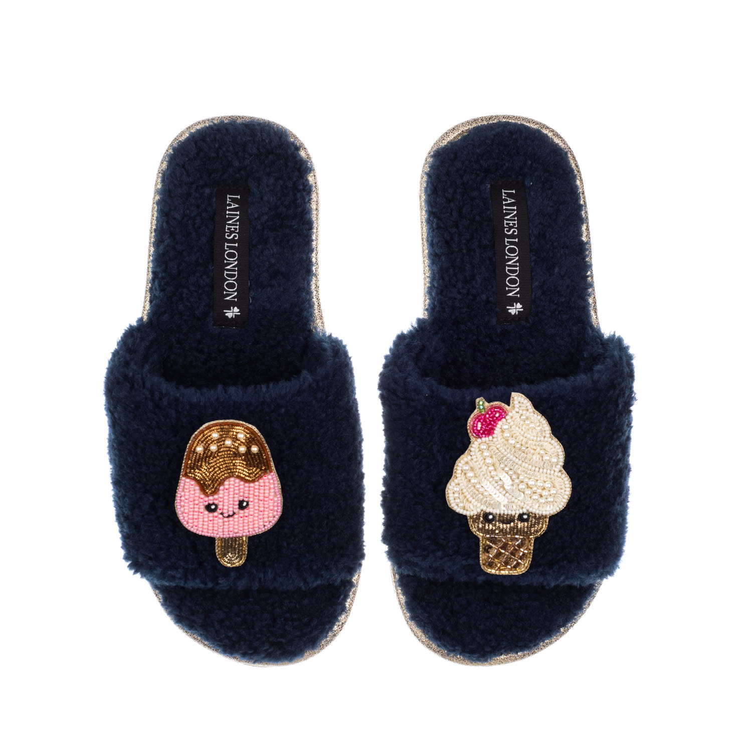 Laines London Women's Blue Teddy Slider Slippers With Laines Loveables Ice Lolly & Ice Cream Brooches - Navy In Blue