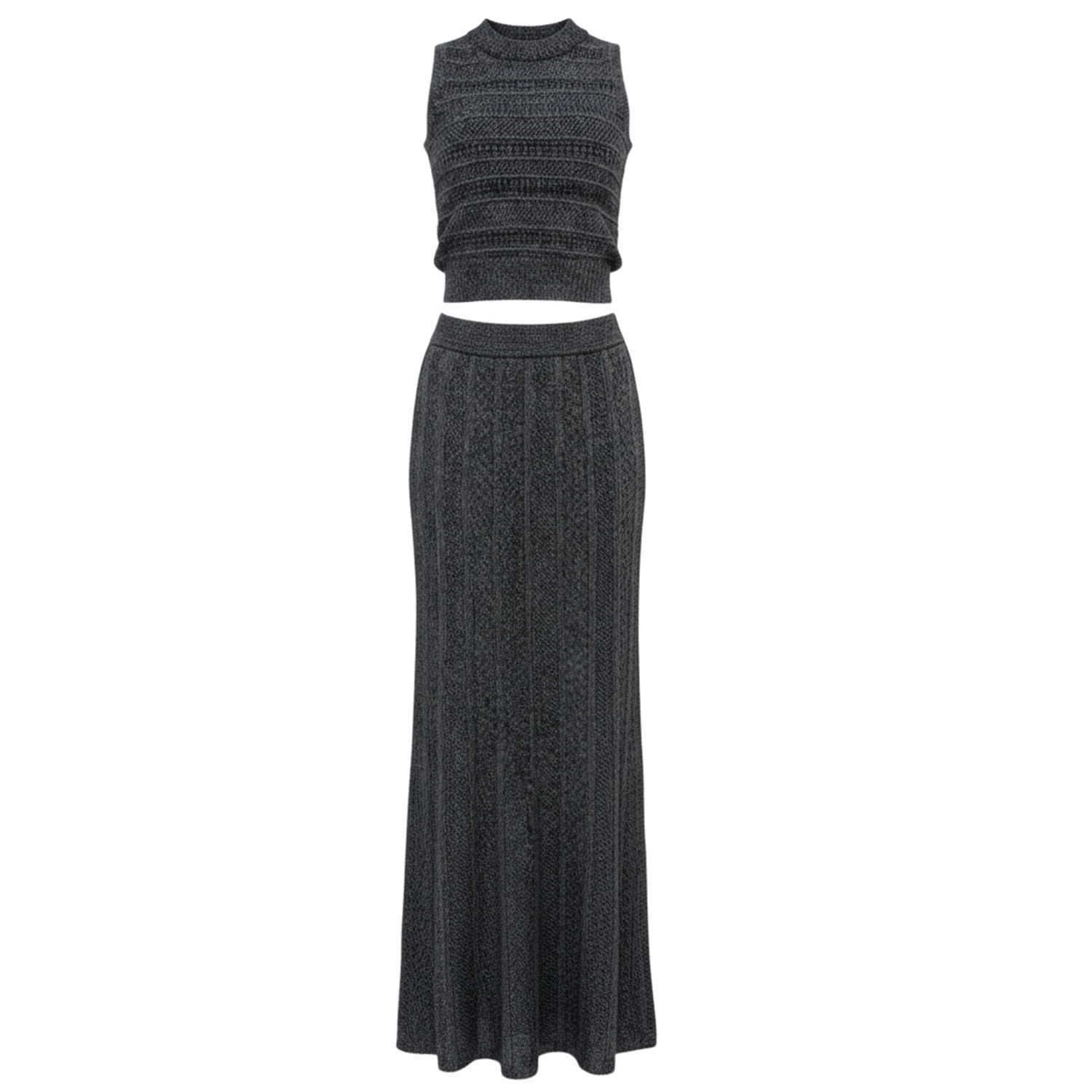 Cy Boutique Pointelle Knit Vest Top & Maxi Pleated Skirt In Black