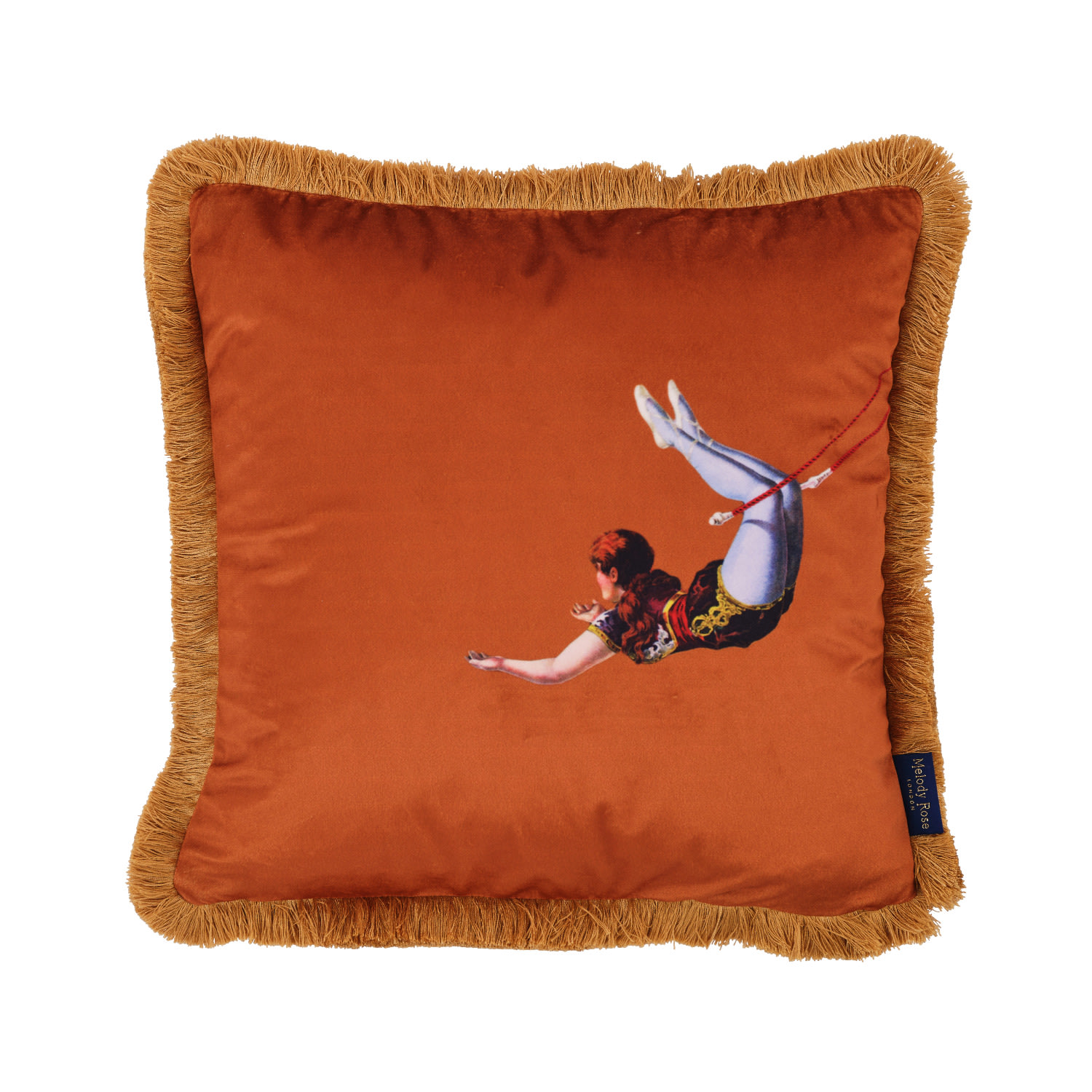 Yellow / Orange / Gold Trapeze Girl & Stripes Fringe Velvet Cushion Burnt Orange Melody Rose London