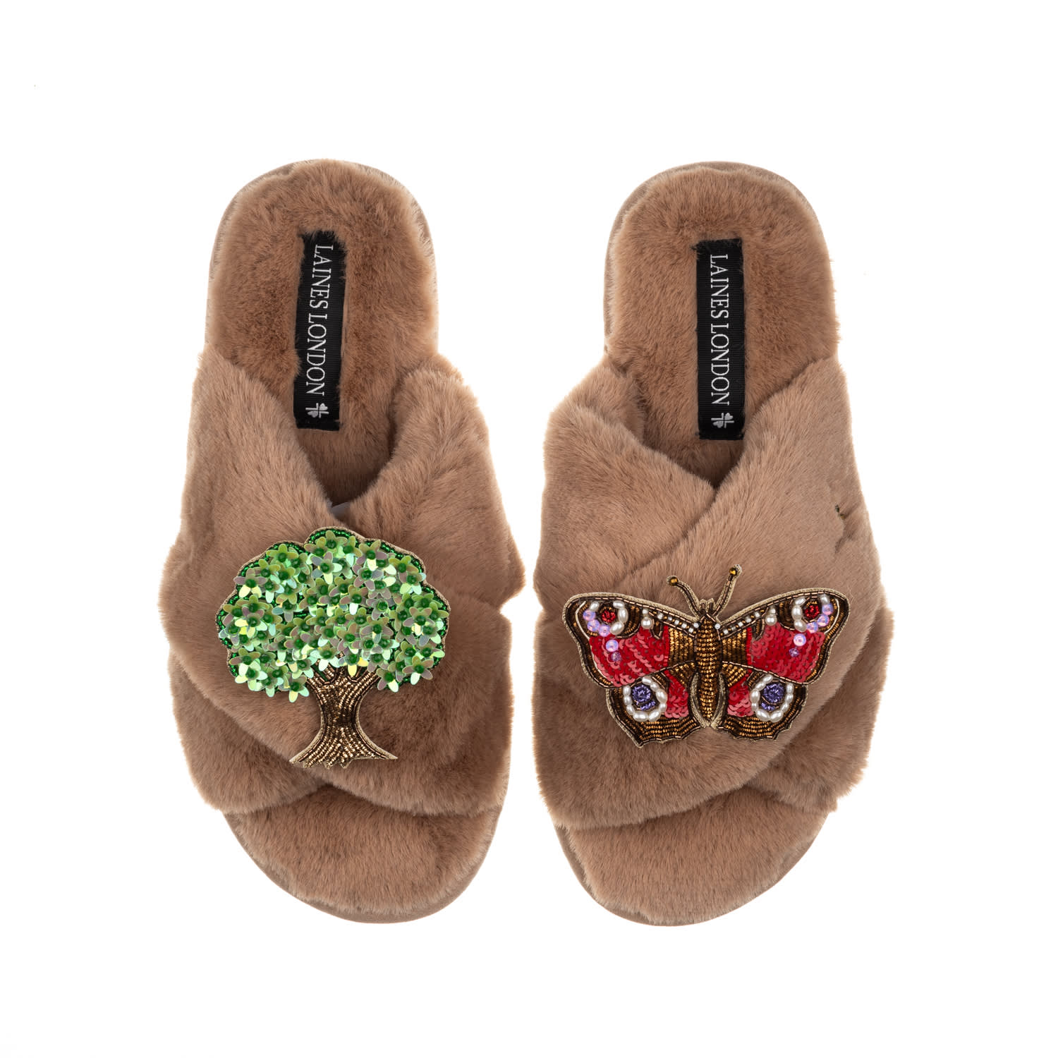 Laines London Women's Brown Classic Laines Slippers With Butterfly & Oak Tree Brooches - Toffee In Brown