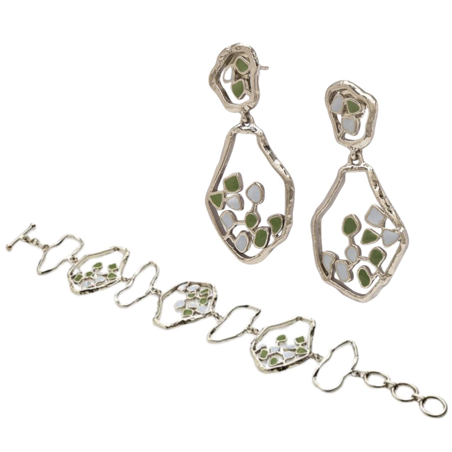 Dhwani Bansal Women's Silver / Green / Blue Silver And Enamel Terra Earrings And Bracelet Gift Set