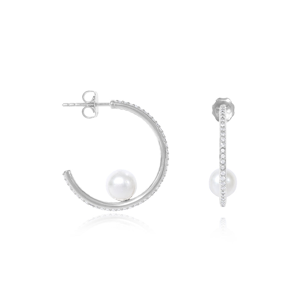 Women’s White Stella Large Pave Hoop Earrings With Cultured Freshwater Pearls Pearls of the Orient Online