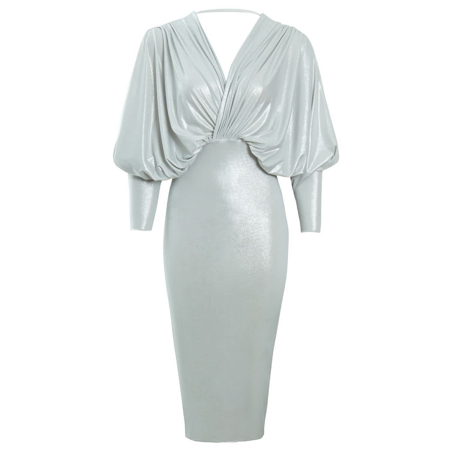 silver midi dress with sleeves