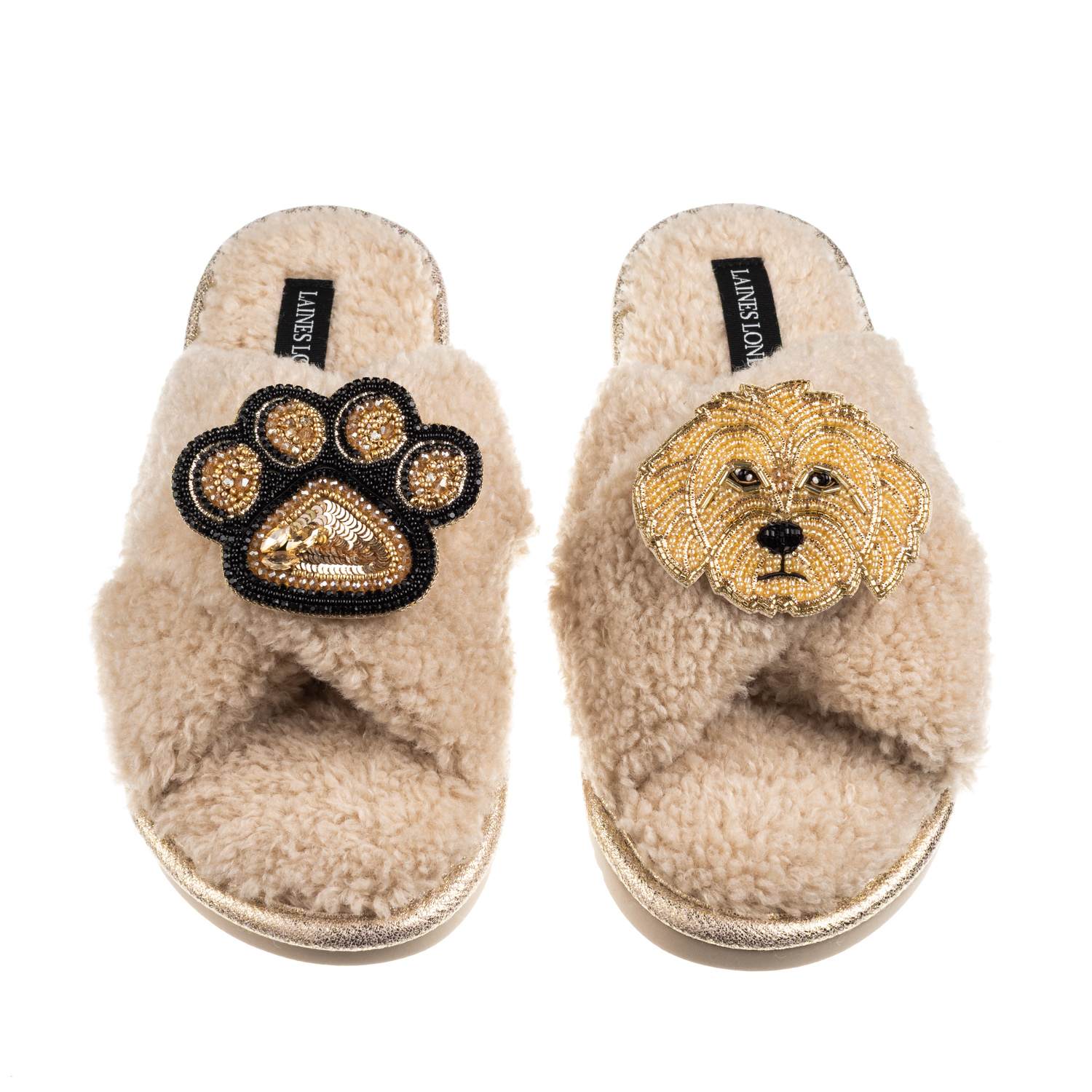 Laines London Women's Brown / Neutrals Boucle Slippers With Paw & Golden Cockapoo Brooches - Oatmeal In Brown