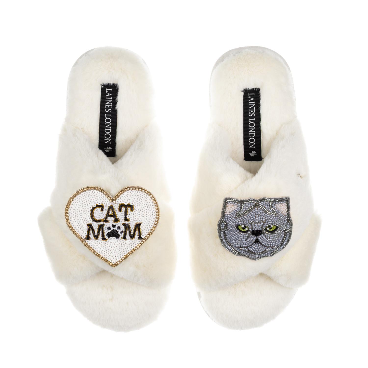 Laines London Women's Neutrals / White Classic Laines Slippers With Cat Mum/mom & Grey Persian Cat Brooches - Crea In White