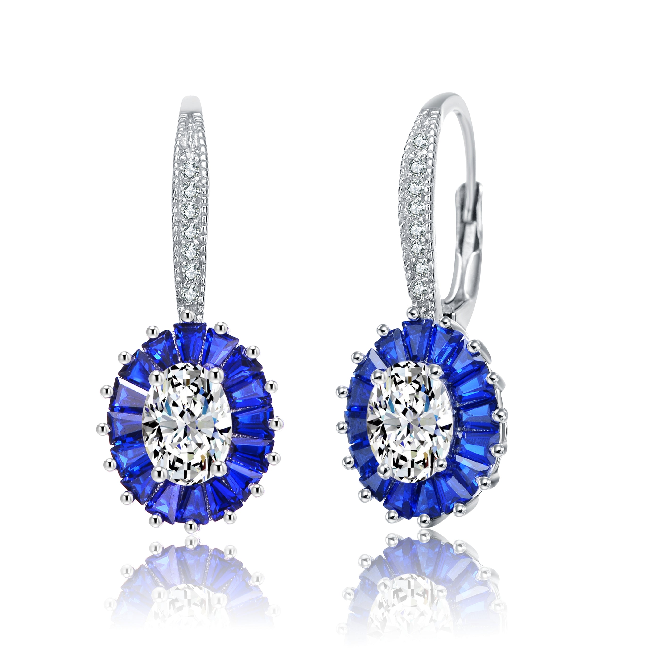 Women’s Blue / White / Silver Sterling Silver With Rhodium Plated & Sapphire Cubic Zirconia Leverback Earrings Genevive Jewelry