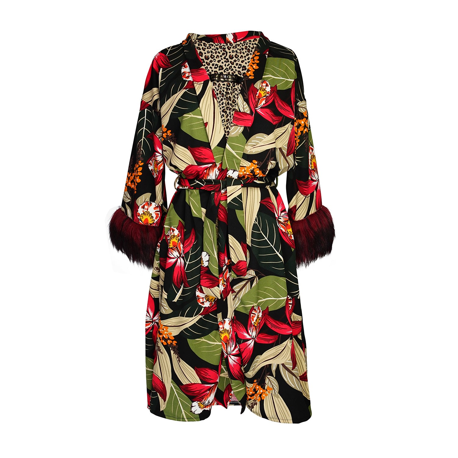 Women's Green / Black / Red Jardin Nuit Faux Fur Koi Kimono | S/M | Jennafer Grace