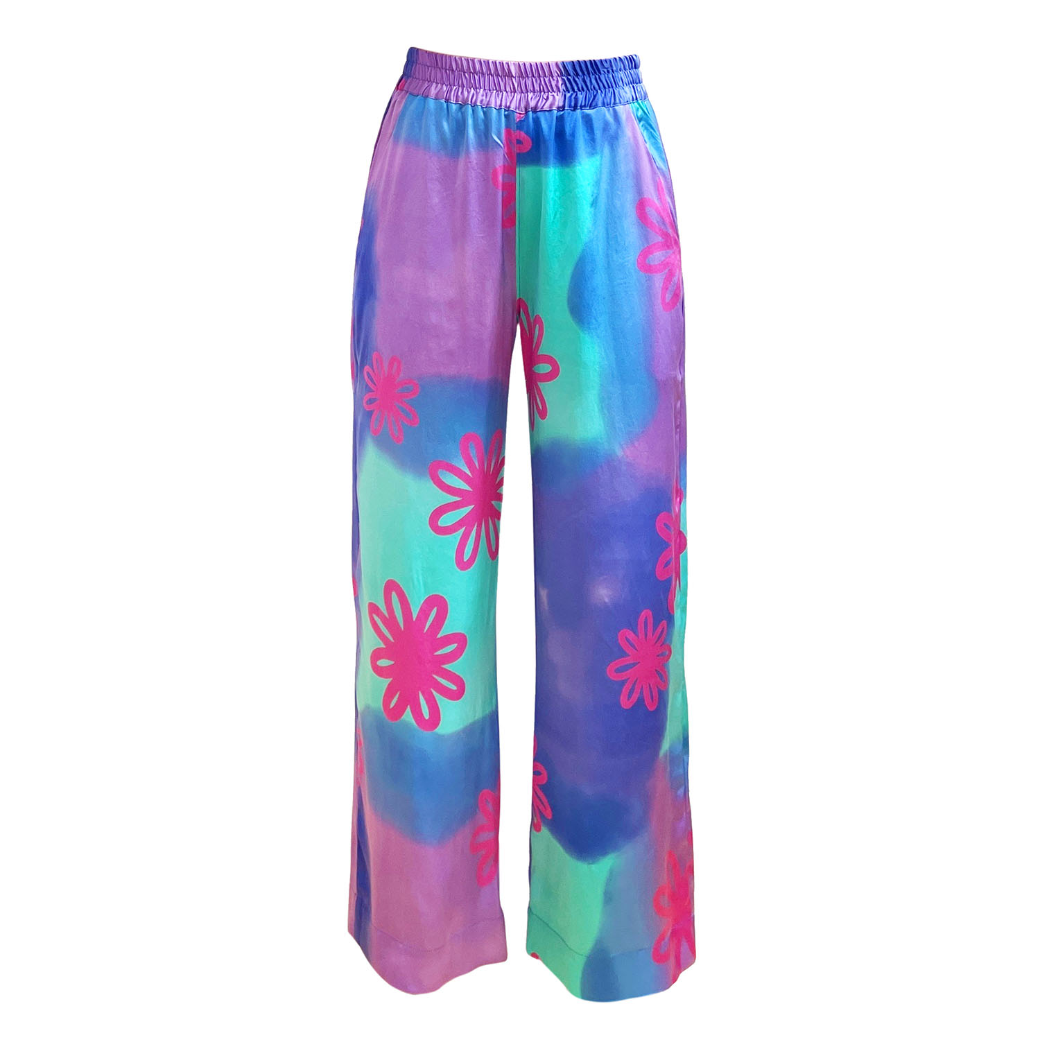 Women’s Blue / Pink / Purple Pool Watercolor Silk Pajama Pants Extra Small Roy G.