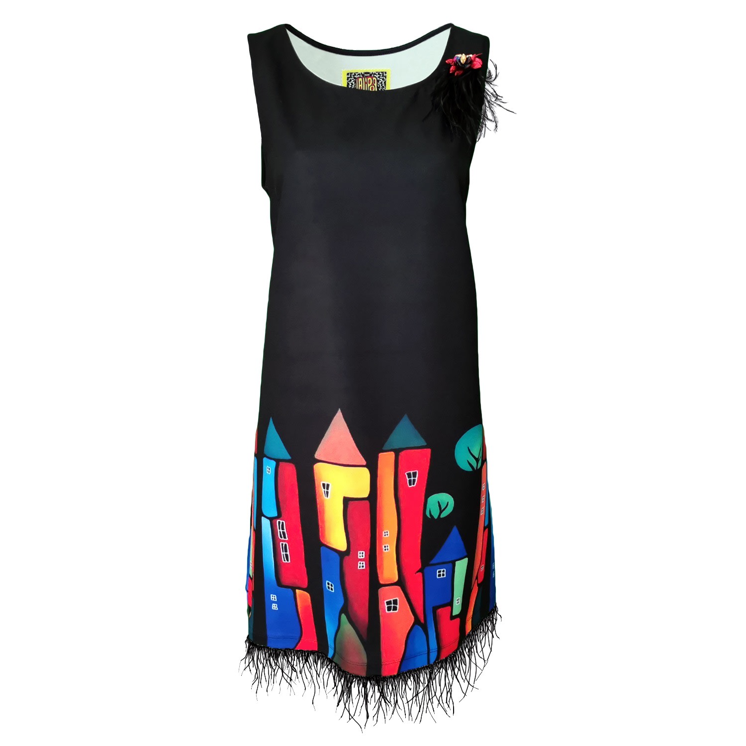 LALIPOP DESIGN WOMEN'S BLACK SLEEVELESS DIGITAL PRINT MINI DRESS