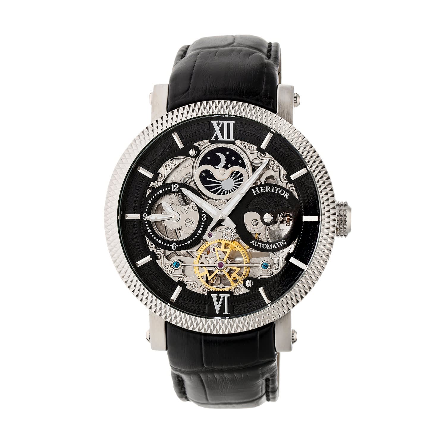 Aries Leather-Band Skeleton Watch with Moon Phase Black, Silver