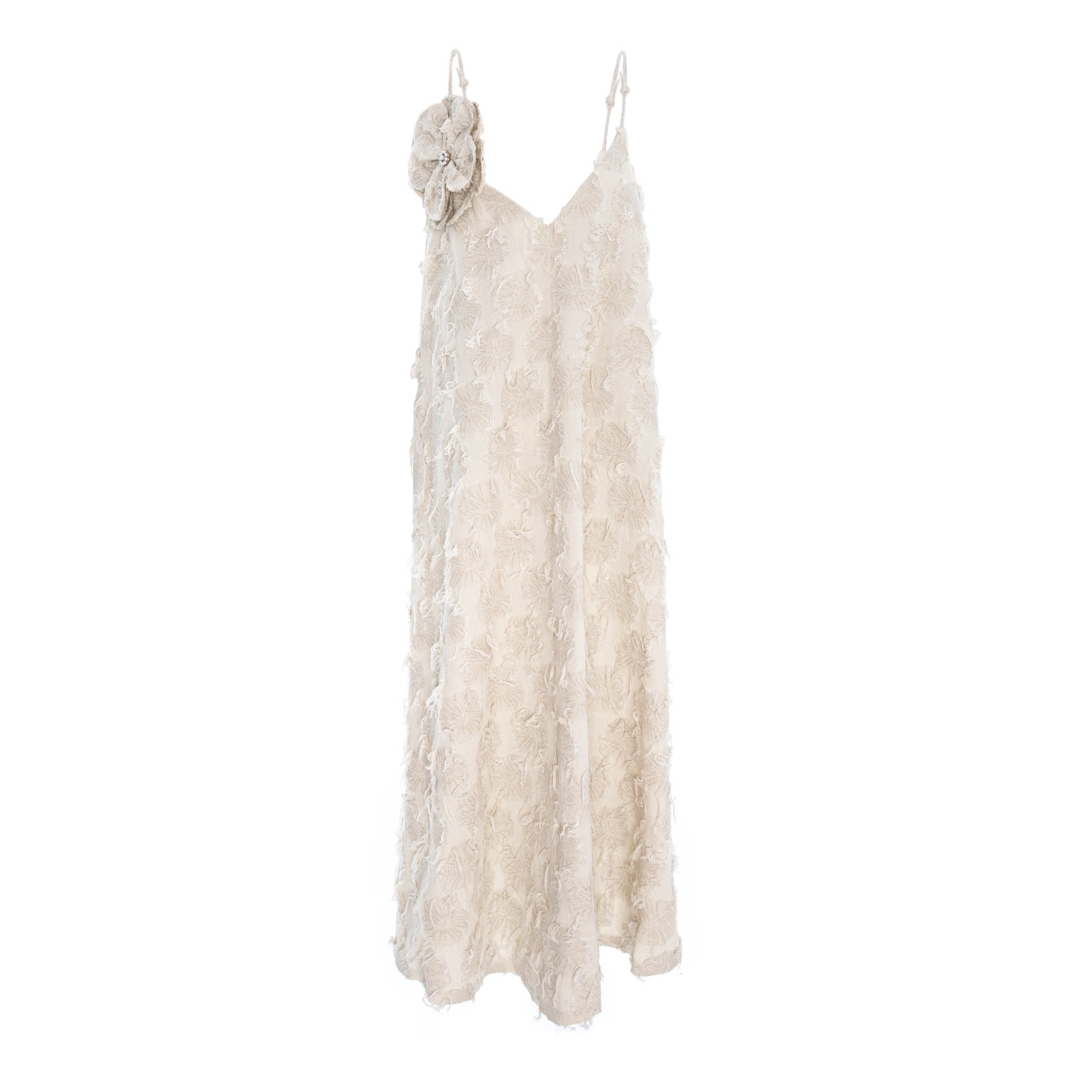 Izabela Mandoiu Women's Neutrals Elegant Beige Midi Dress With Floral Applique And Embroidered Texture In Beige