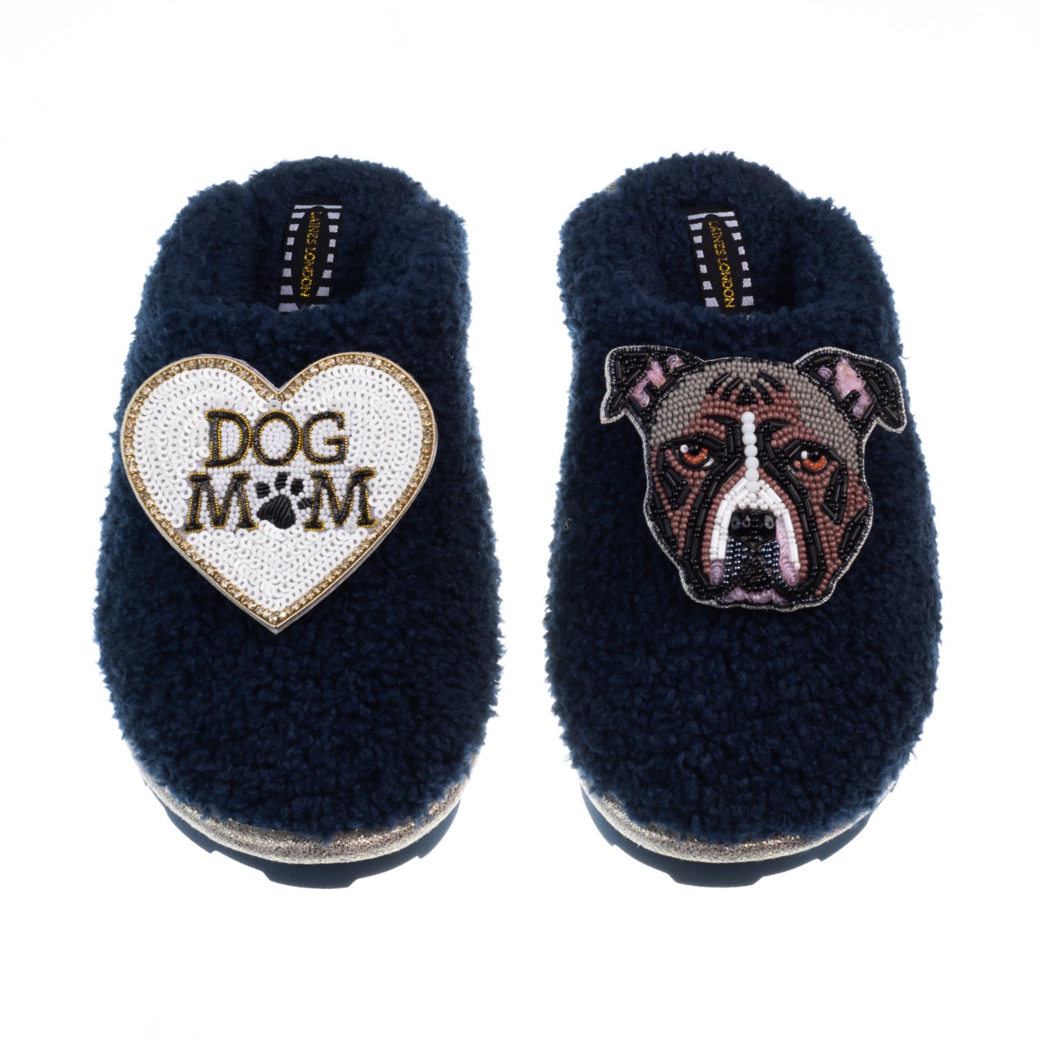 Women’s Blue Teddy Closed Toe Slippers With Luna-Rose The Staffy & Dog Mum / Mom Brooches - Navy Small Laines London