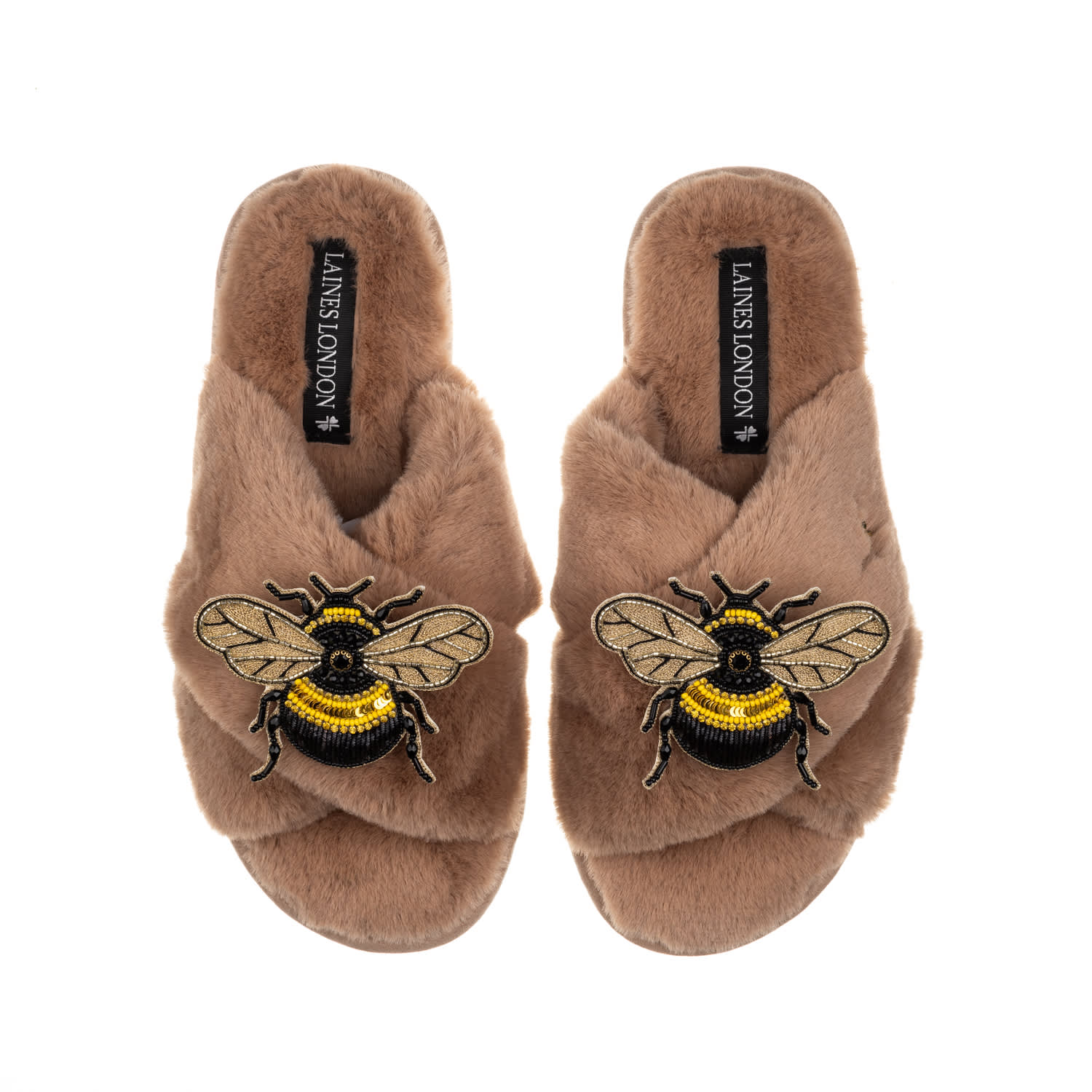 Laines London Women's Brown Classic Laines Slippers With Double Honey Bee Brooches - Toffee In Brown