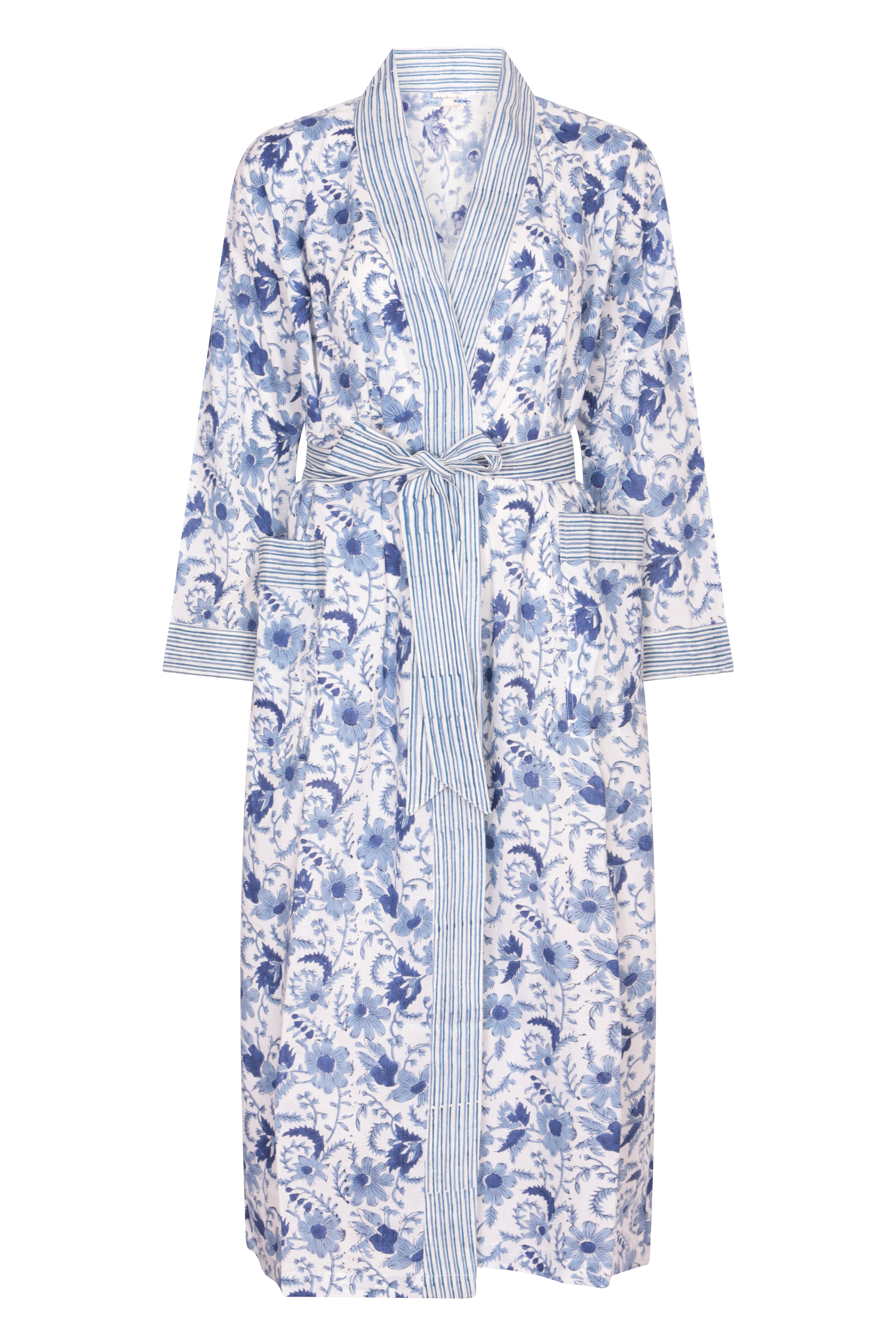 Women’s Hand Printed Cotton Kimono Robe - Cornflower Blue Large Nologo-Chic