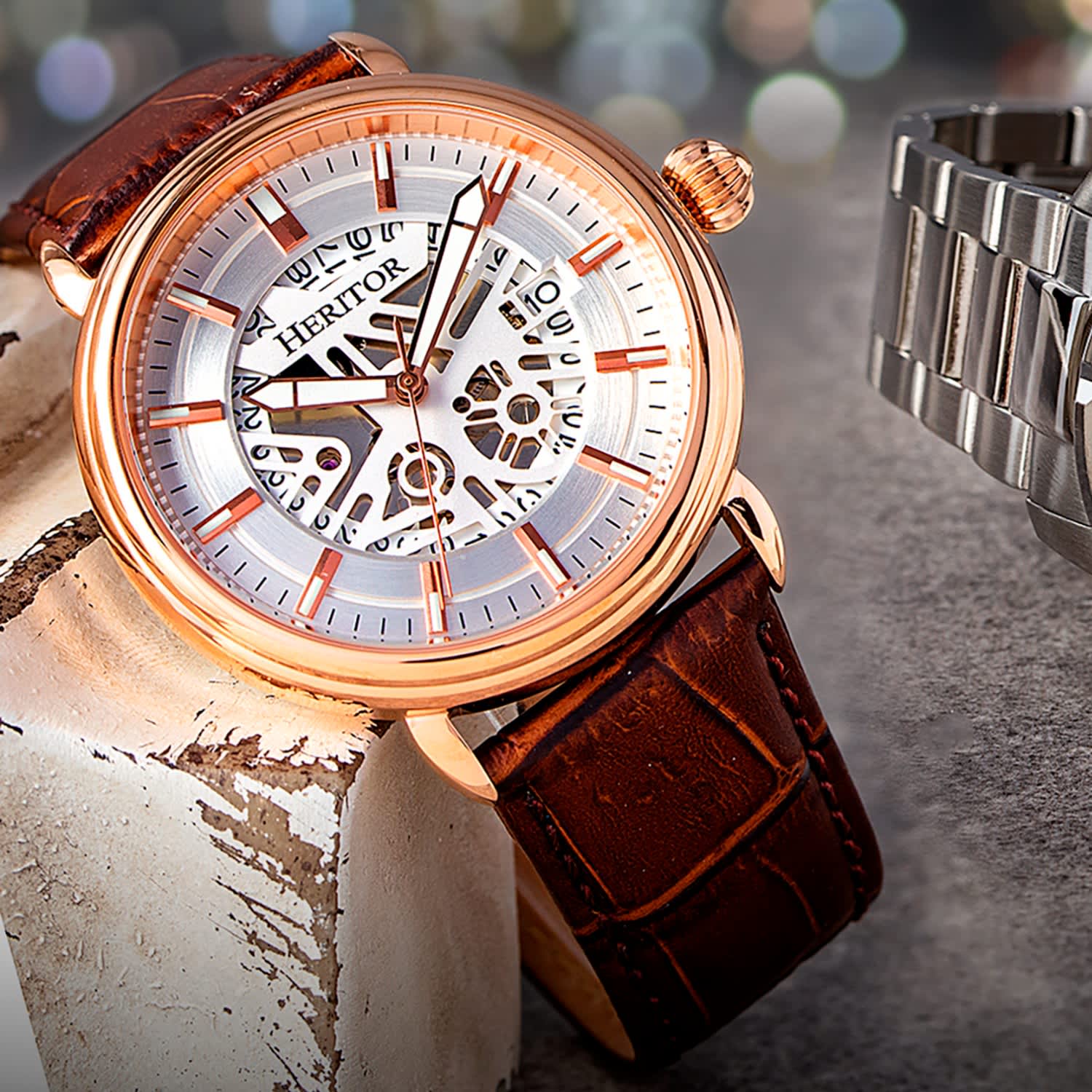 Mattias Semi Skeleton Leather Band Watch with Date Rose Gold Silver by Heritor Automatic