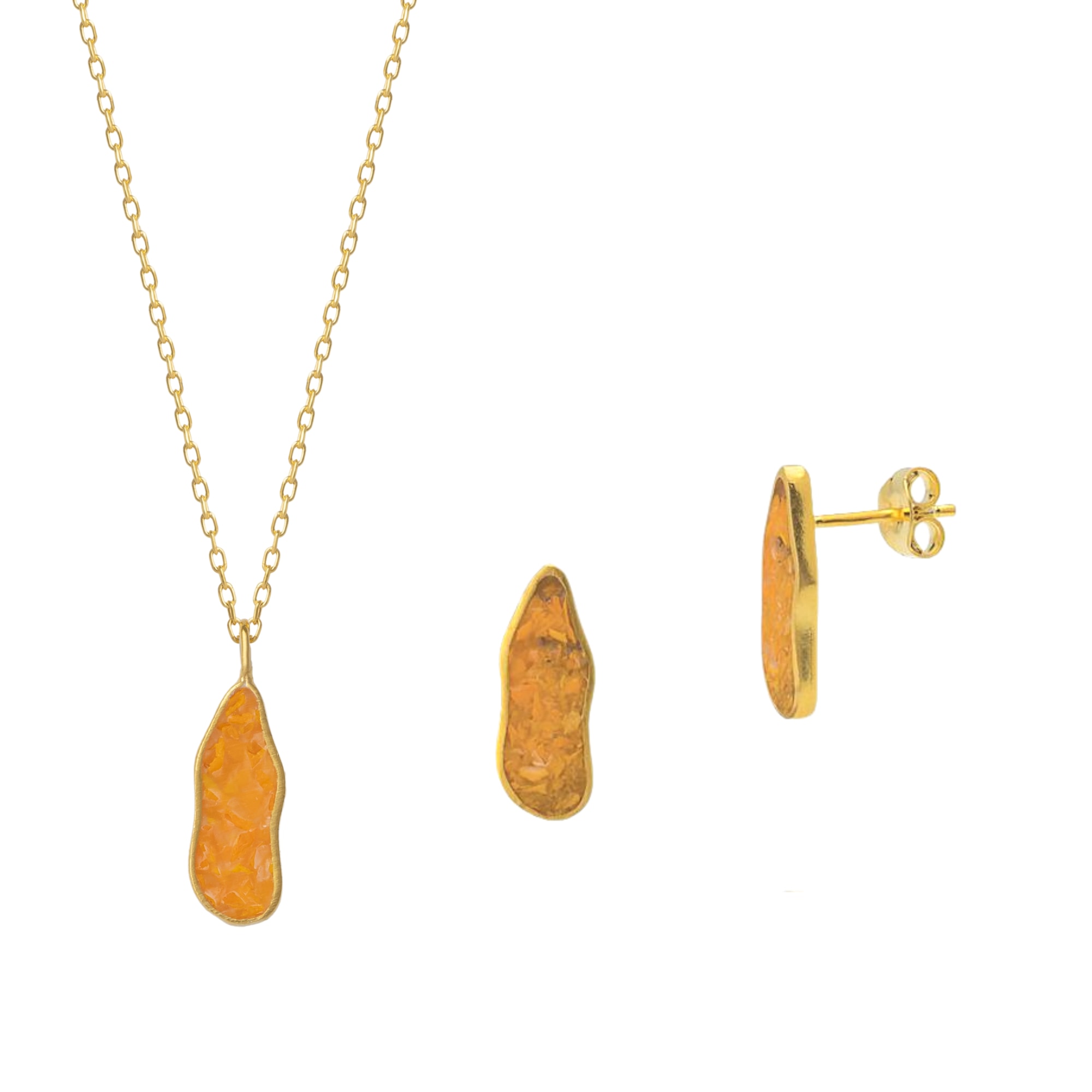 Women’s Yellow / Orange Molten Coral & Amber Sterling Silver Gold Plated Earring & Necklace Set - Amber Spero London