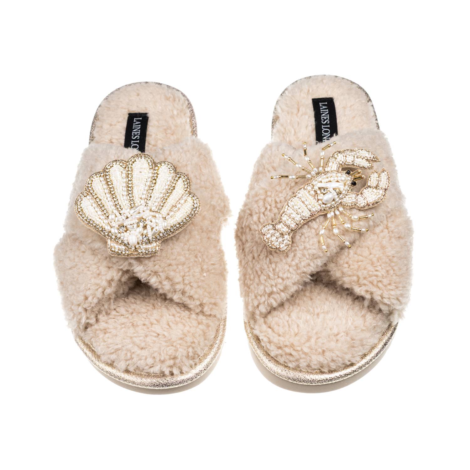 Laines London Women's Brown / Neutrals Laines Neutral Boucle Slippers With Pearl Shell & Lobster Brooches - Oatmea