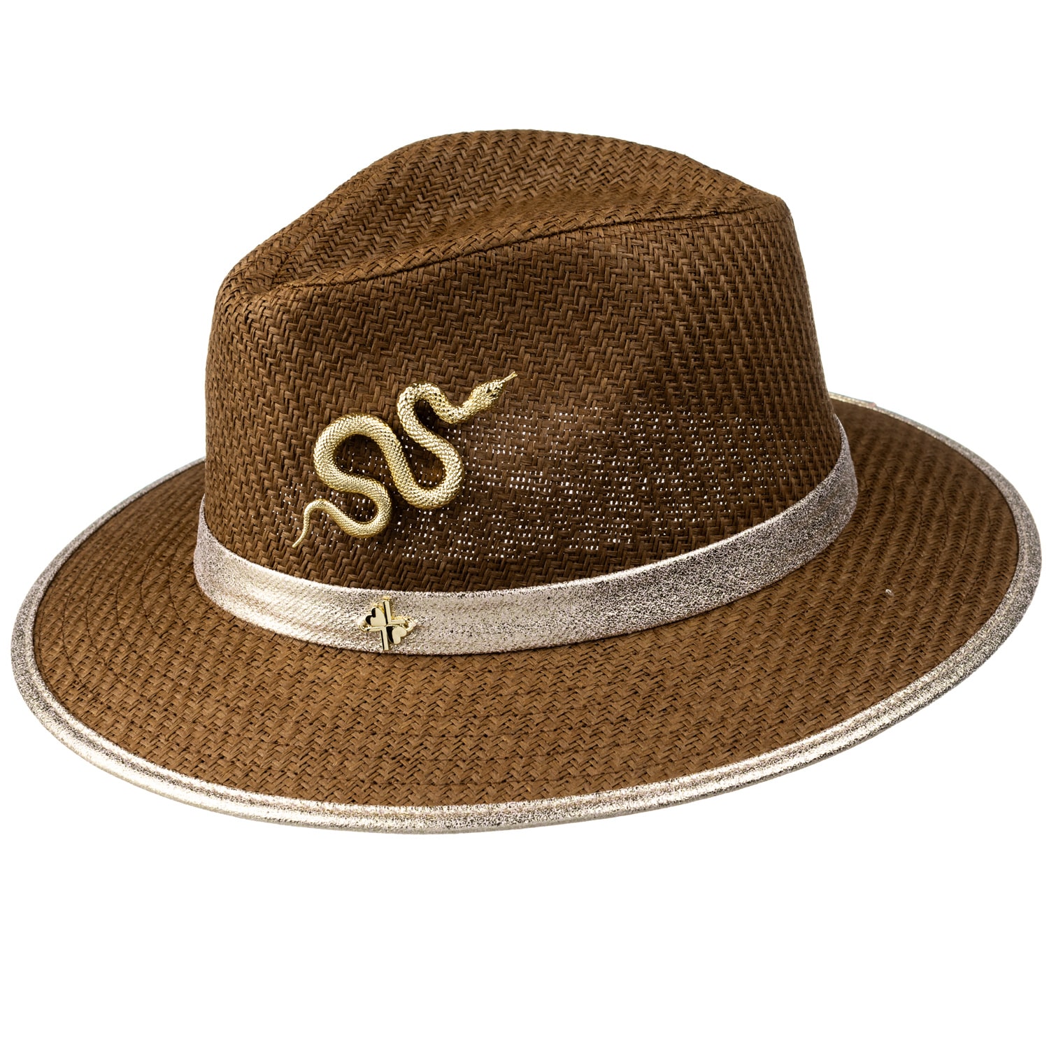 Women’s Brown Straw Woven Hat With Gold Metal Snake Brooch - Caramel One Size Laines London