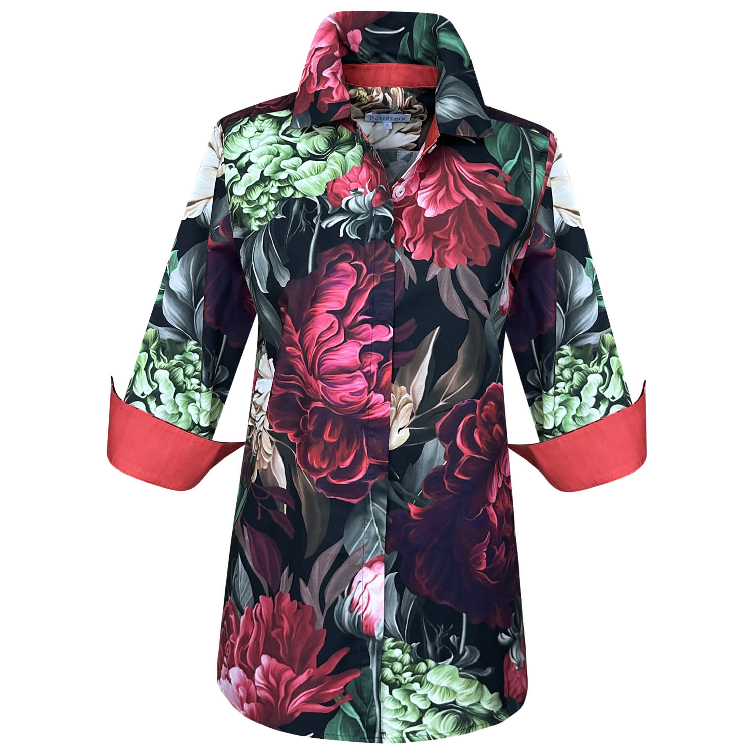 Perlavera Women's Black / Red / Green Nancy Fusion Sangria Three Quarter Sleeve Length Missy Fit Shirt In Black/red/green