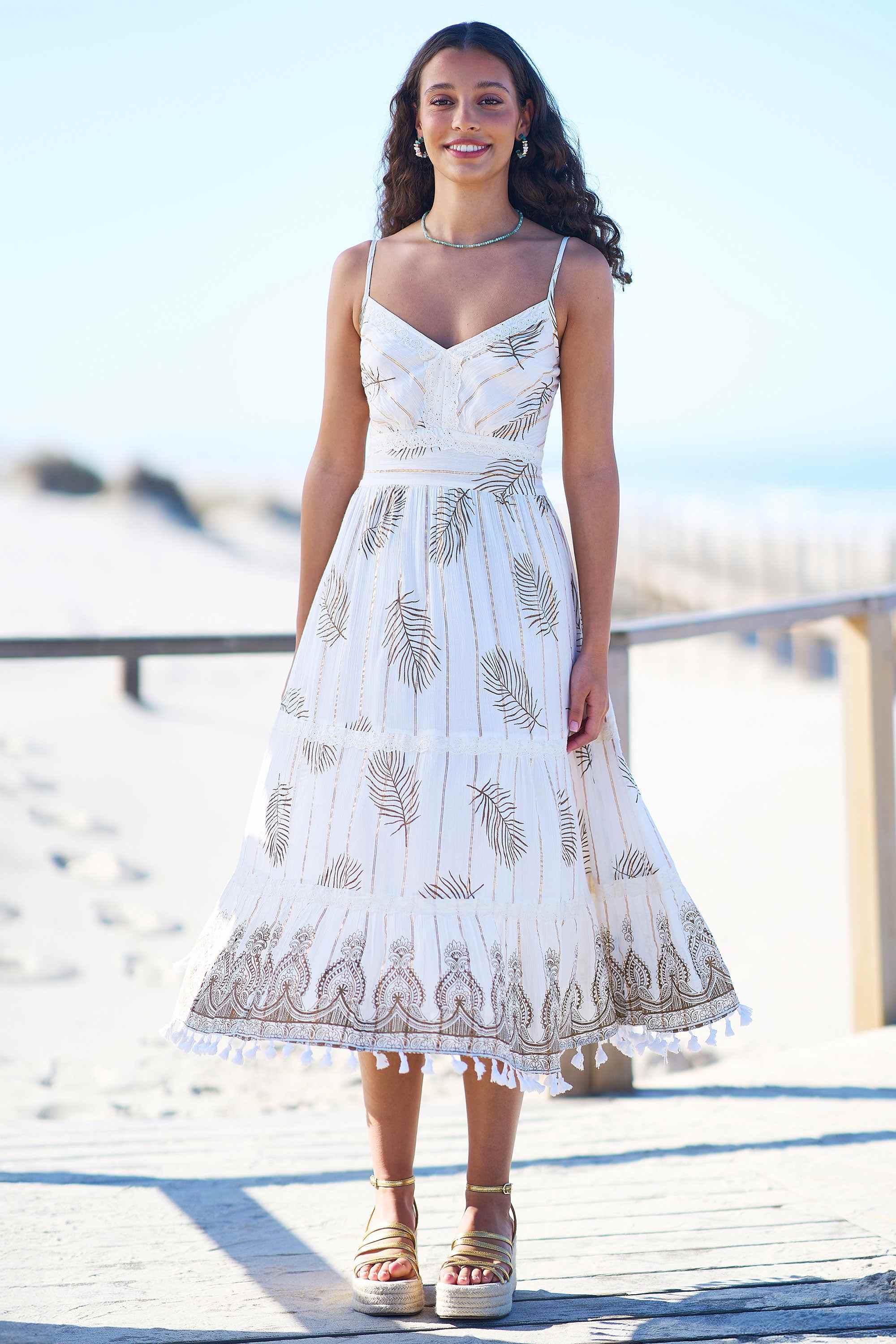 Yumi Ivory Foil Print Midi Sun Dress With Lace Trims | Yumi | Wolf