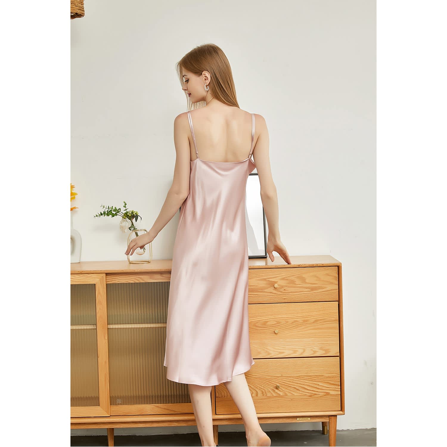Luxury Silk Long Slip Dress in Powder Pink