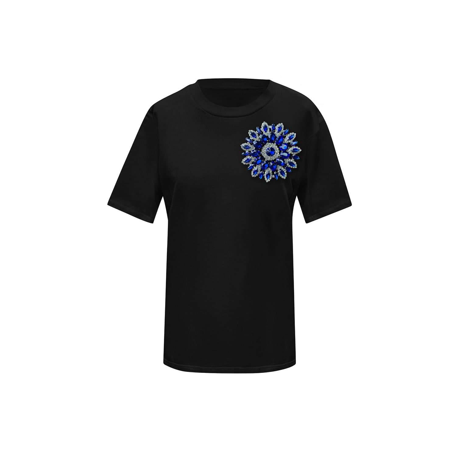 Toma Women's Black / Blue Flower Summer Black Cotton T-shirt With Blue Swarovski Crystals In Multi