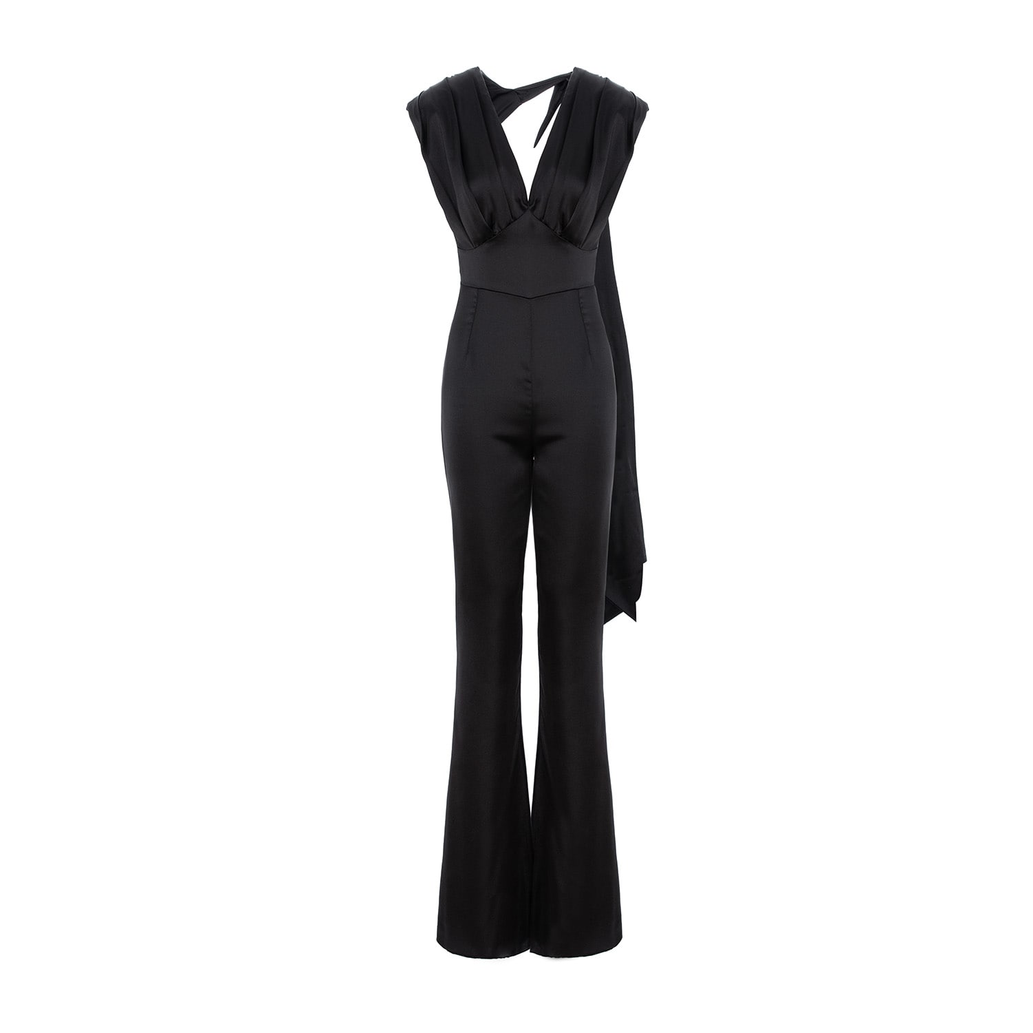 Bluzat Women's Elegant Black Draped Jumpsuit With Flared Legs