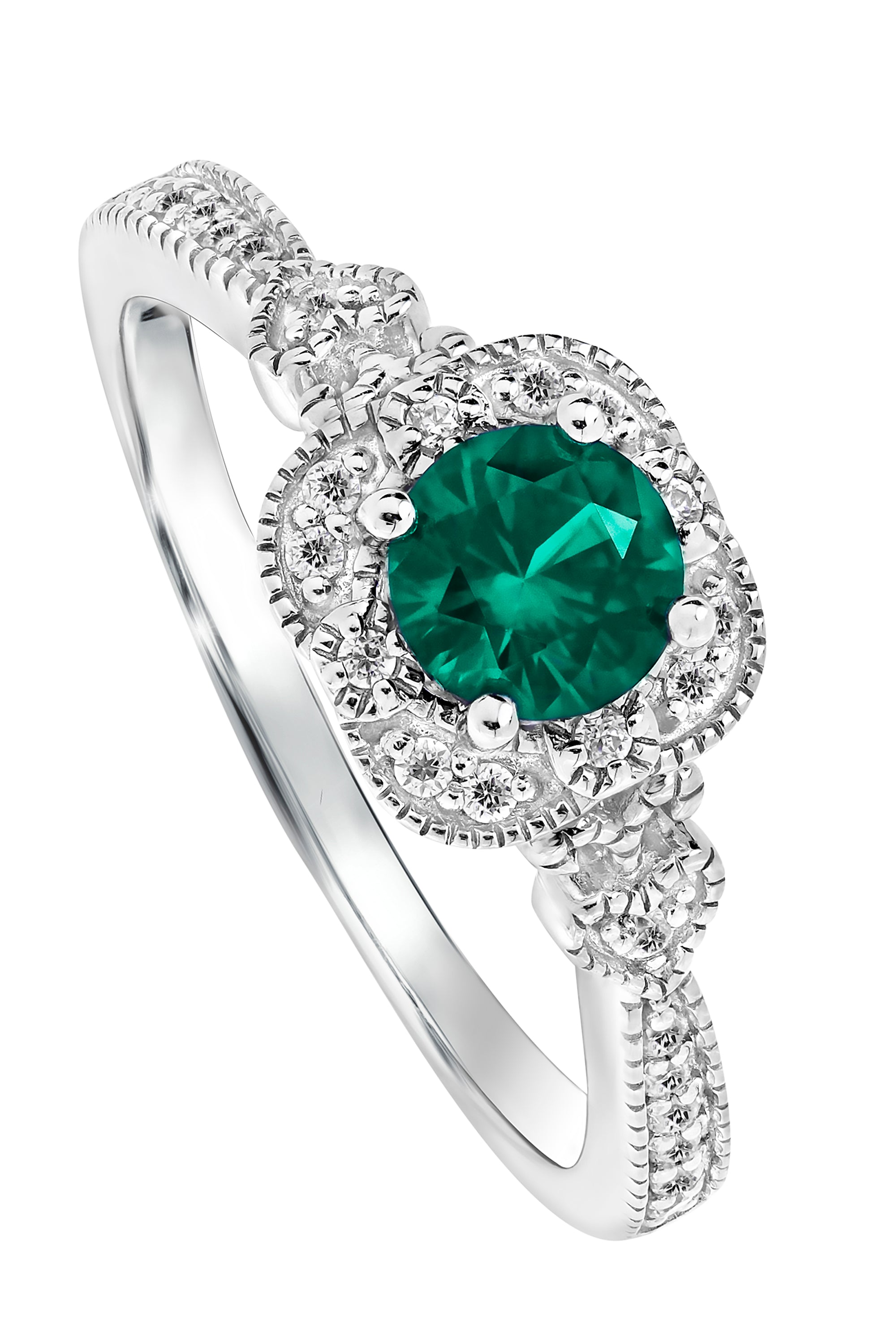 Women’s Green / Silver Harper White Gold Lab Grown Diamond & Created Emerald Vintage Inspired Ring Created Brilliance