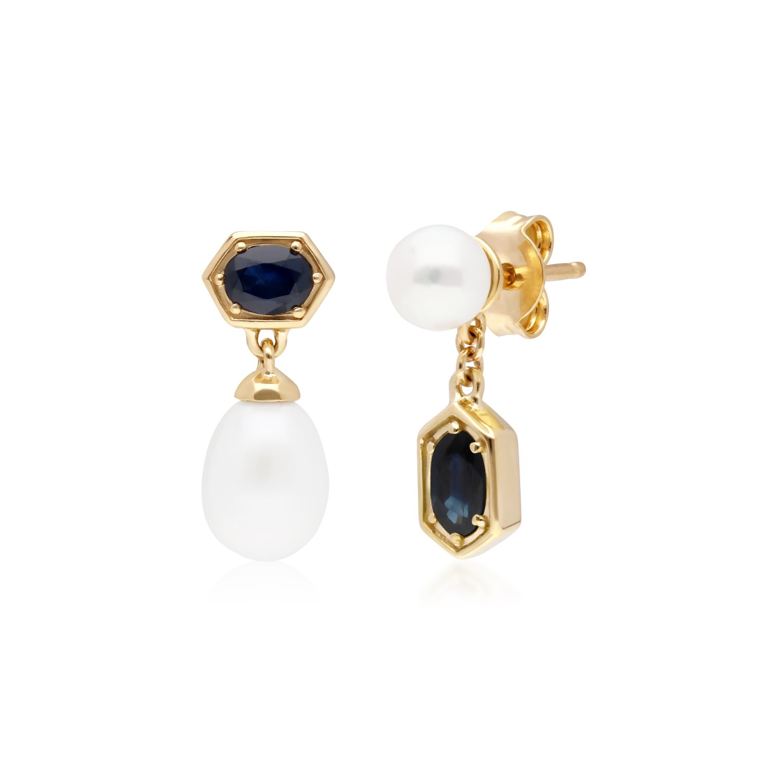 Women’s Blue Modern Pearl & Sapphire Mismatched Drop Earrings In Yellow Gold Plated Sterling Silver Gemondo