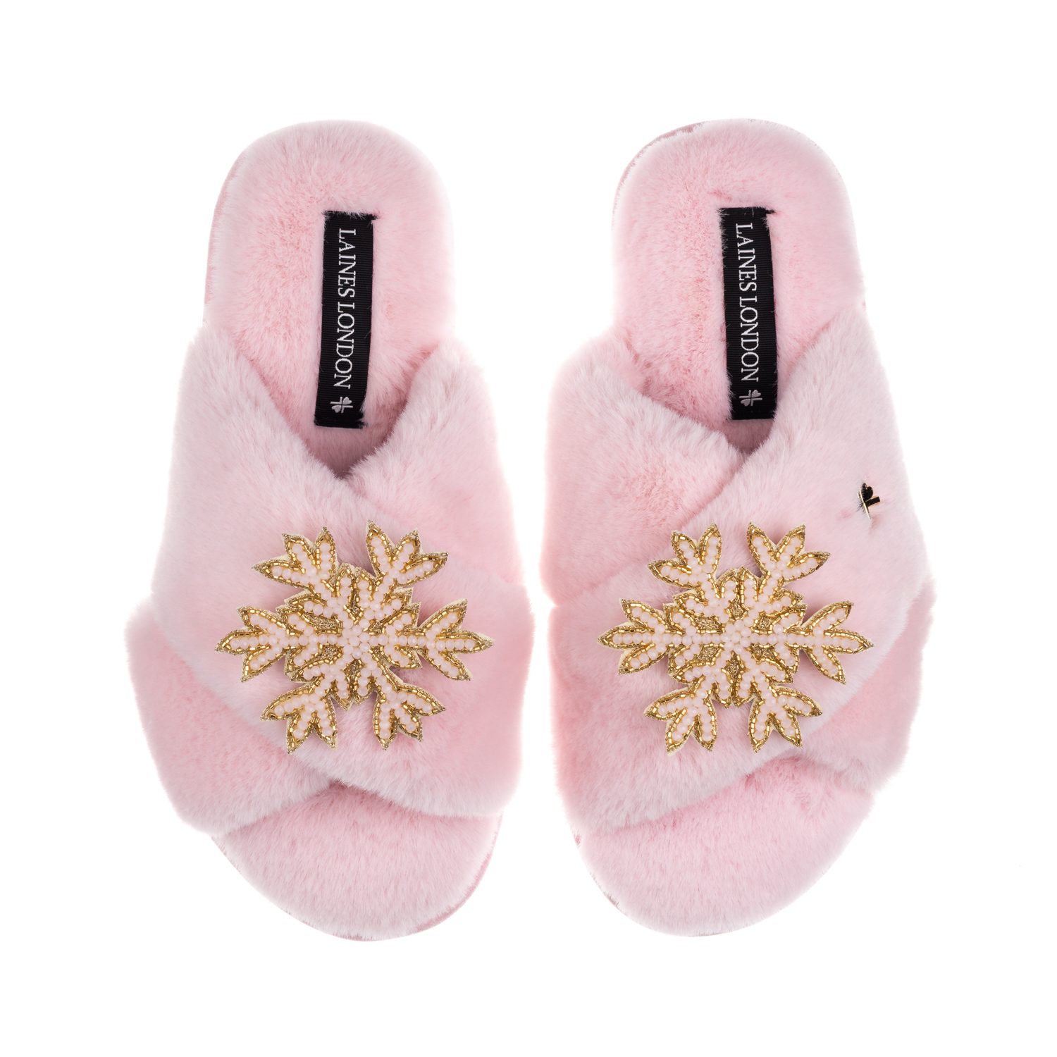 Laines London Women's Classic Laines Christmas Collection Slippers With Double Pink Snowflake Brooches - Pink In Pink