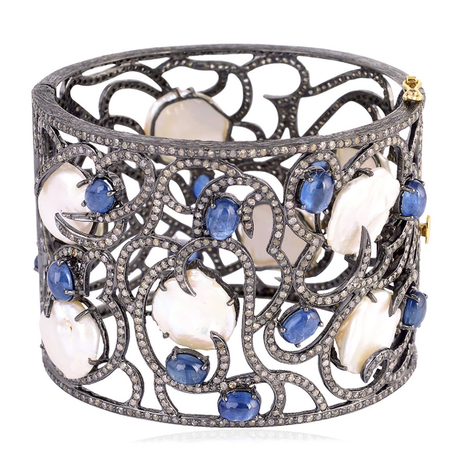 Artisan Women's Blue / White Pearl Sapphire Pave Diamond Bangle 18k Gold 925 Sterling Silver Jewelry In Gray