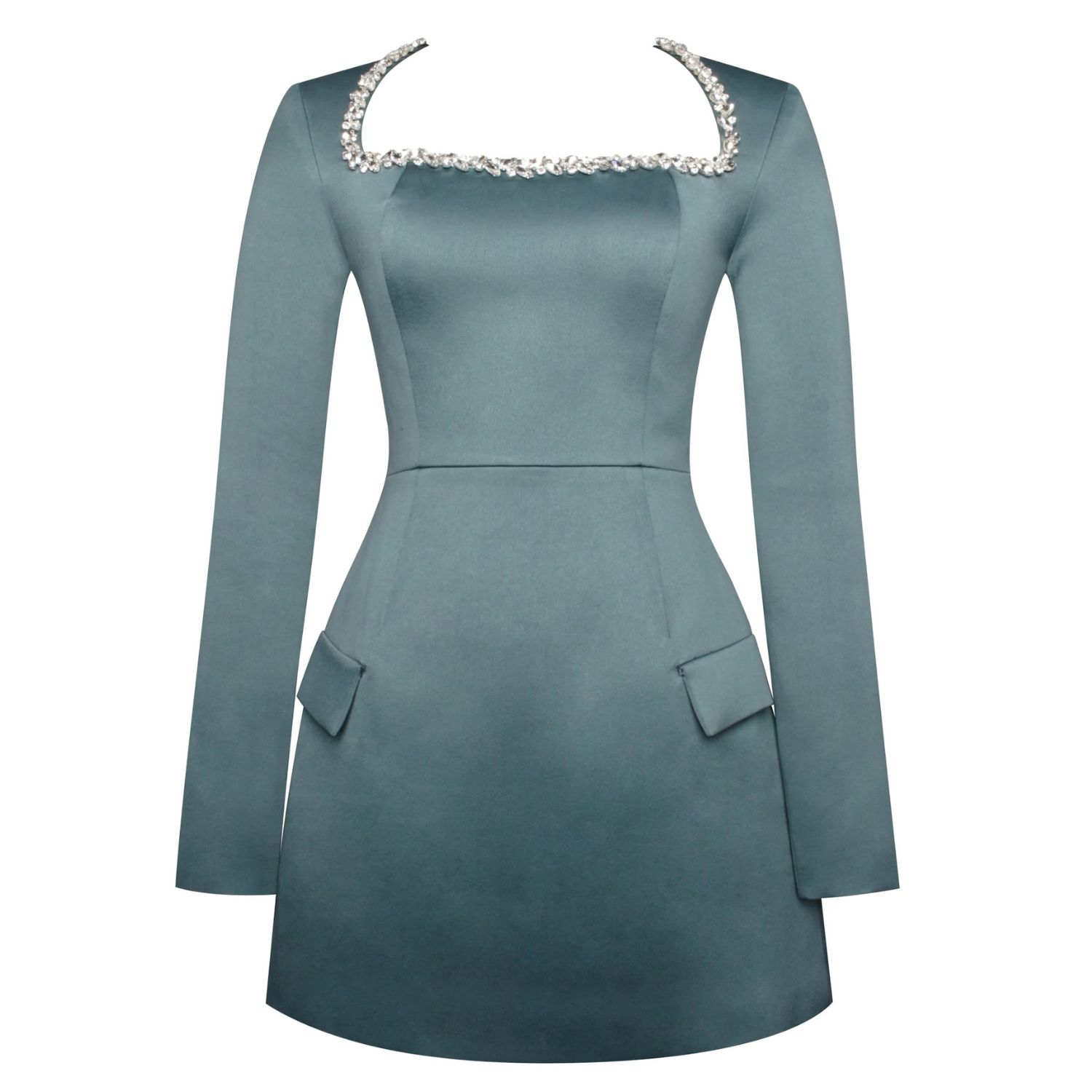 Miss Circle New York Women's Gabella Dark Green Long Sleeve A-line Mini Dress With Crystal Trim In Green